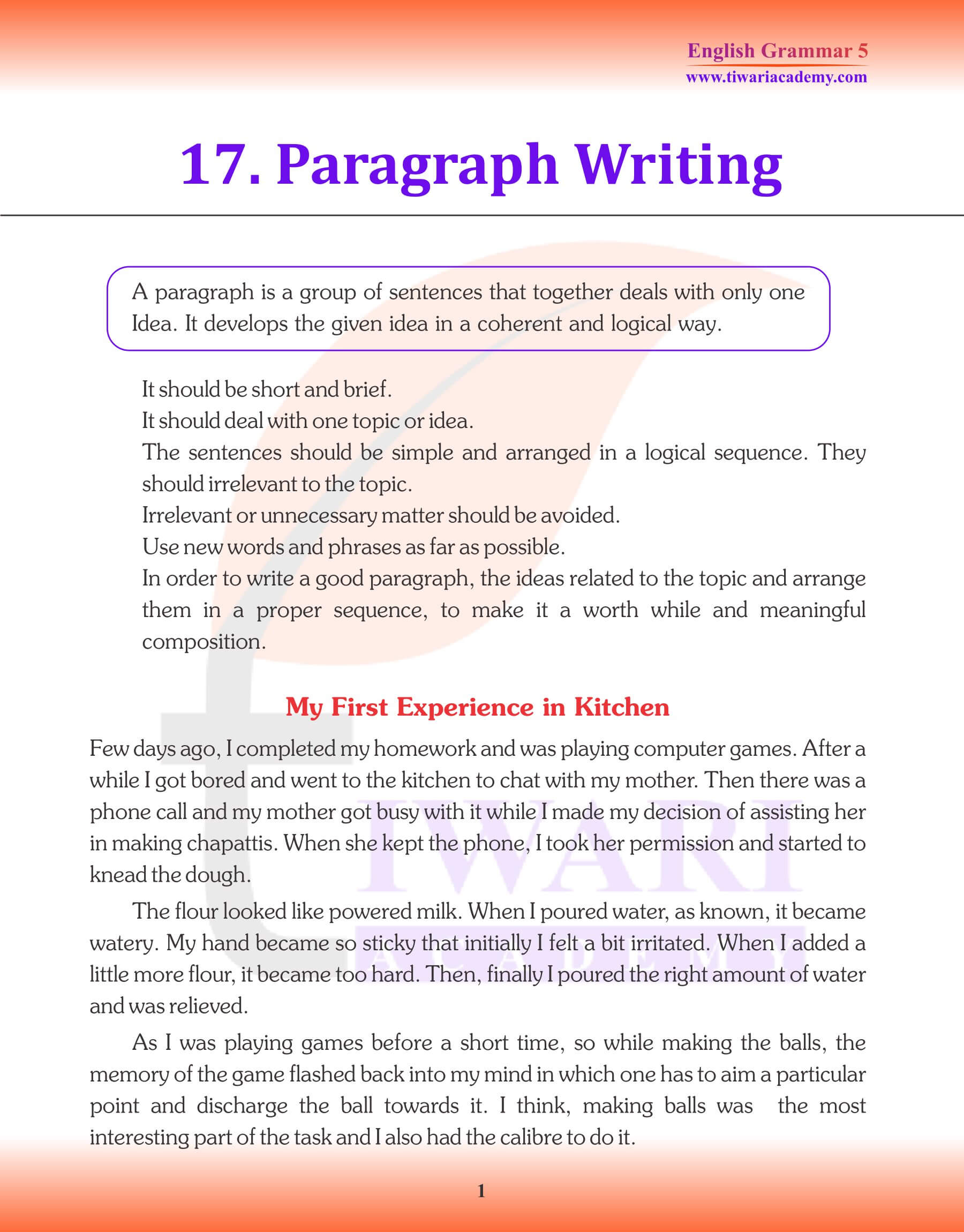 Class 5 English Grammar Chapter 17 Paragraph Writing Revision Book