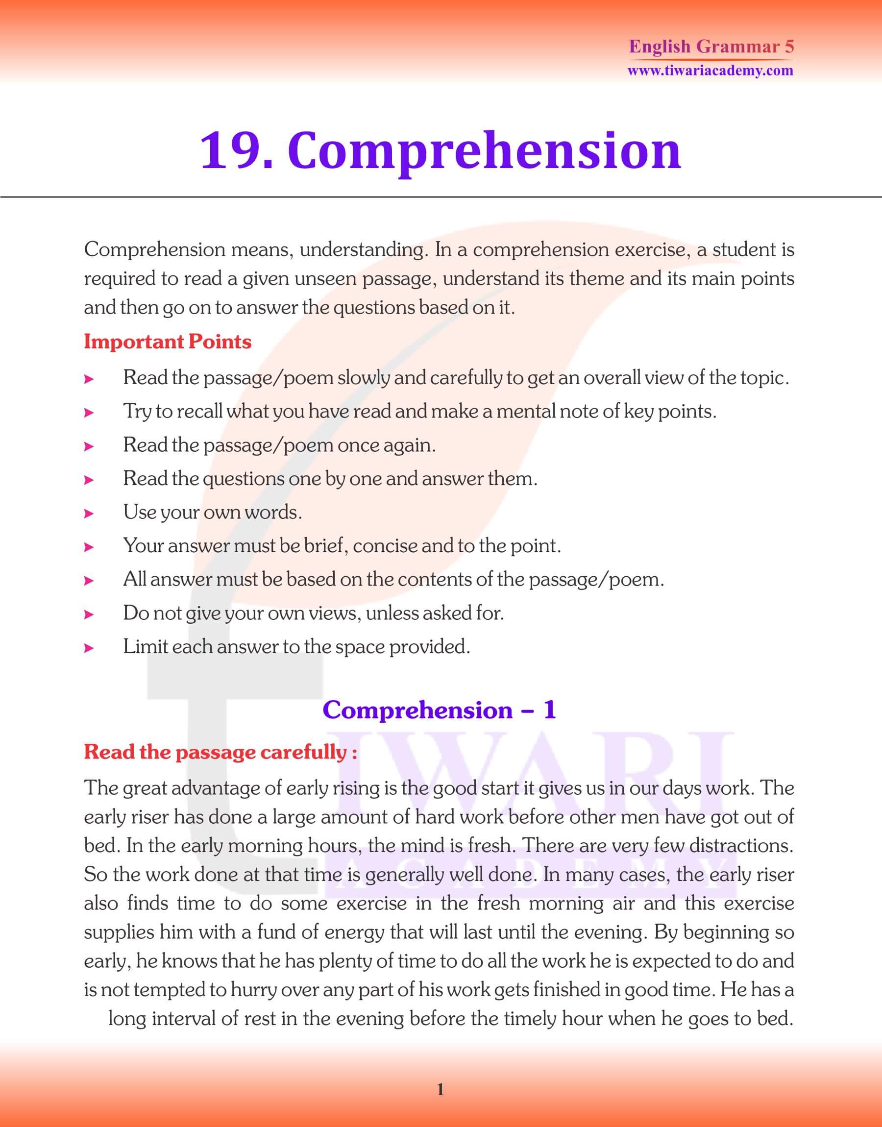 Class 5 English Grammar Comprehension Passages Revision Book