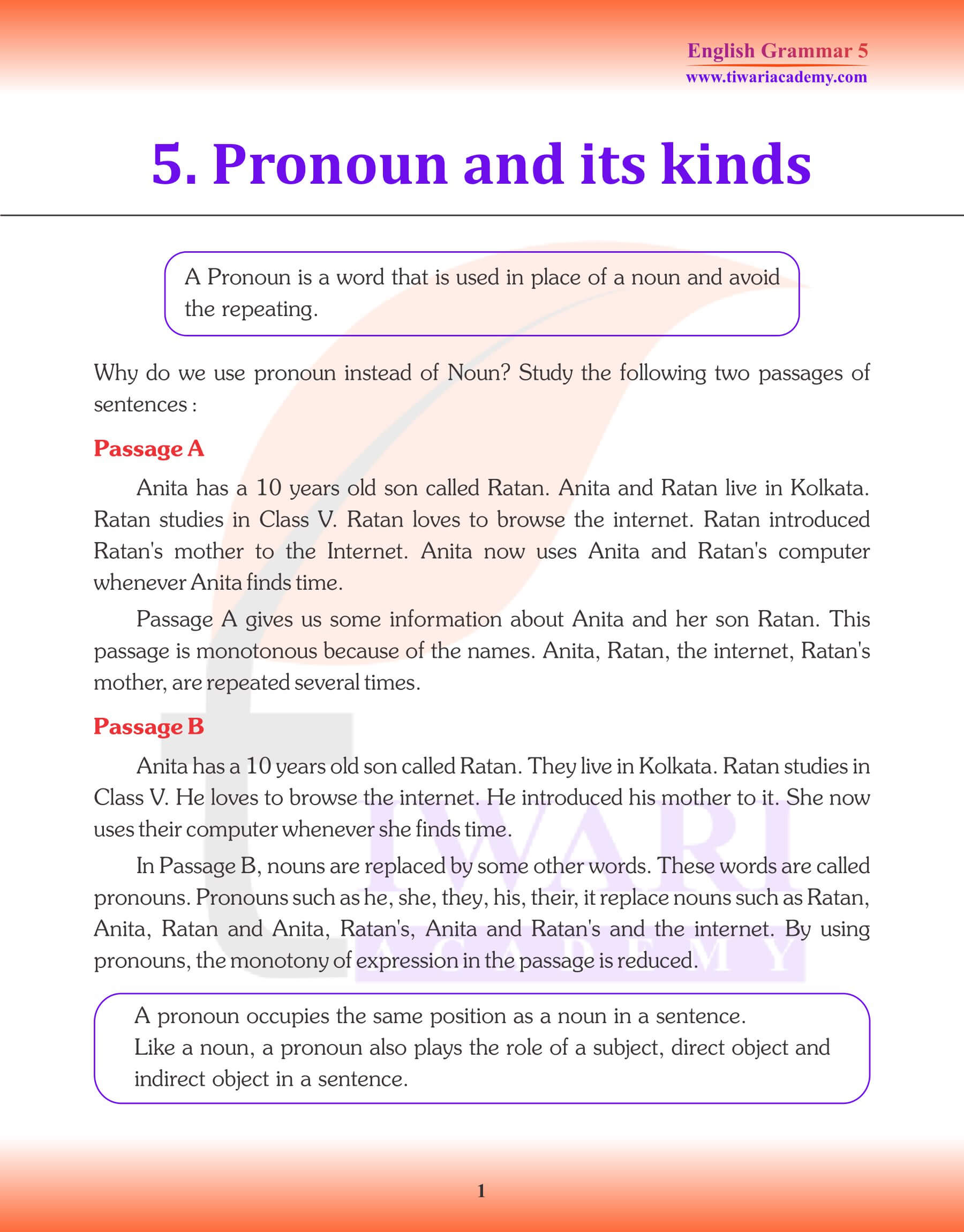 Class 5 English Grammar Pronoun Revision Book