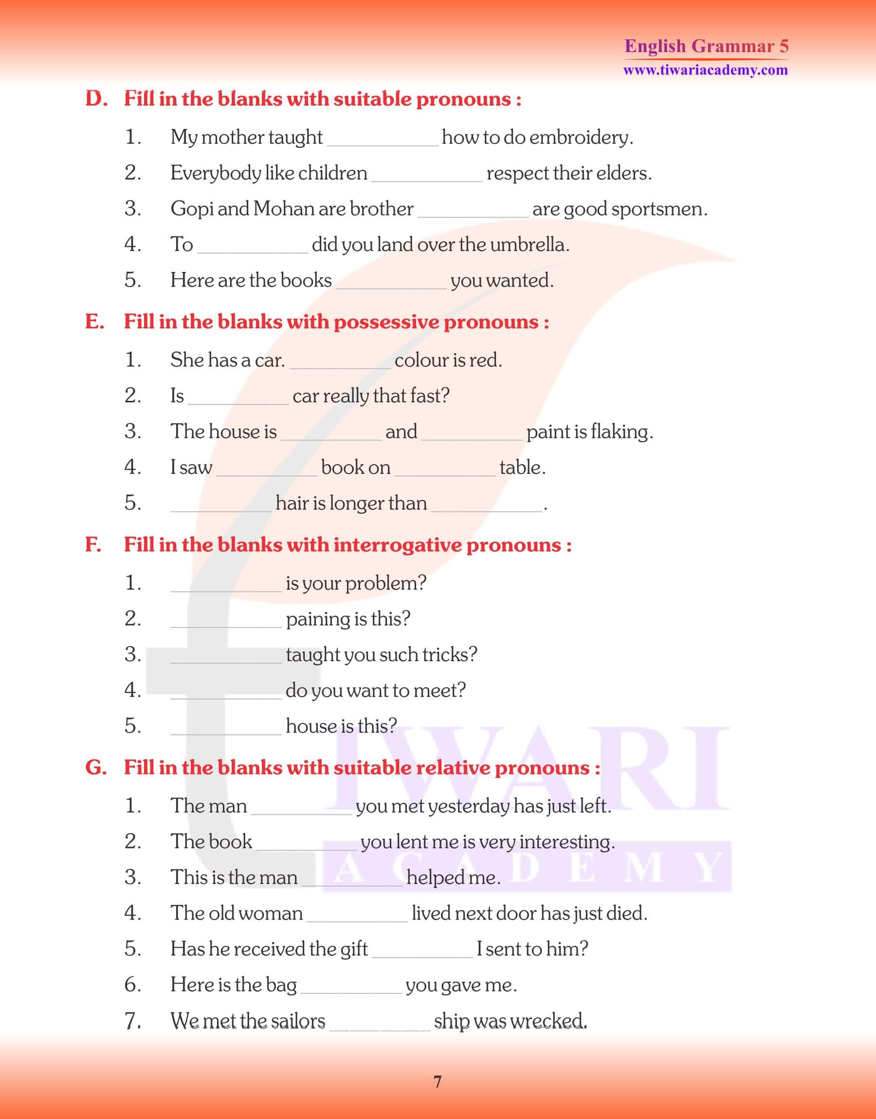 Class 5 Grammar Pronoun Worksheets