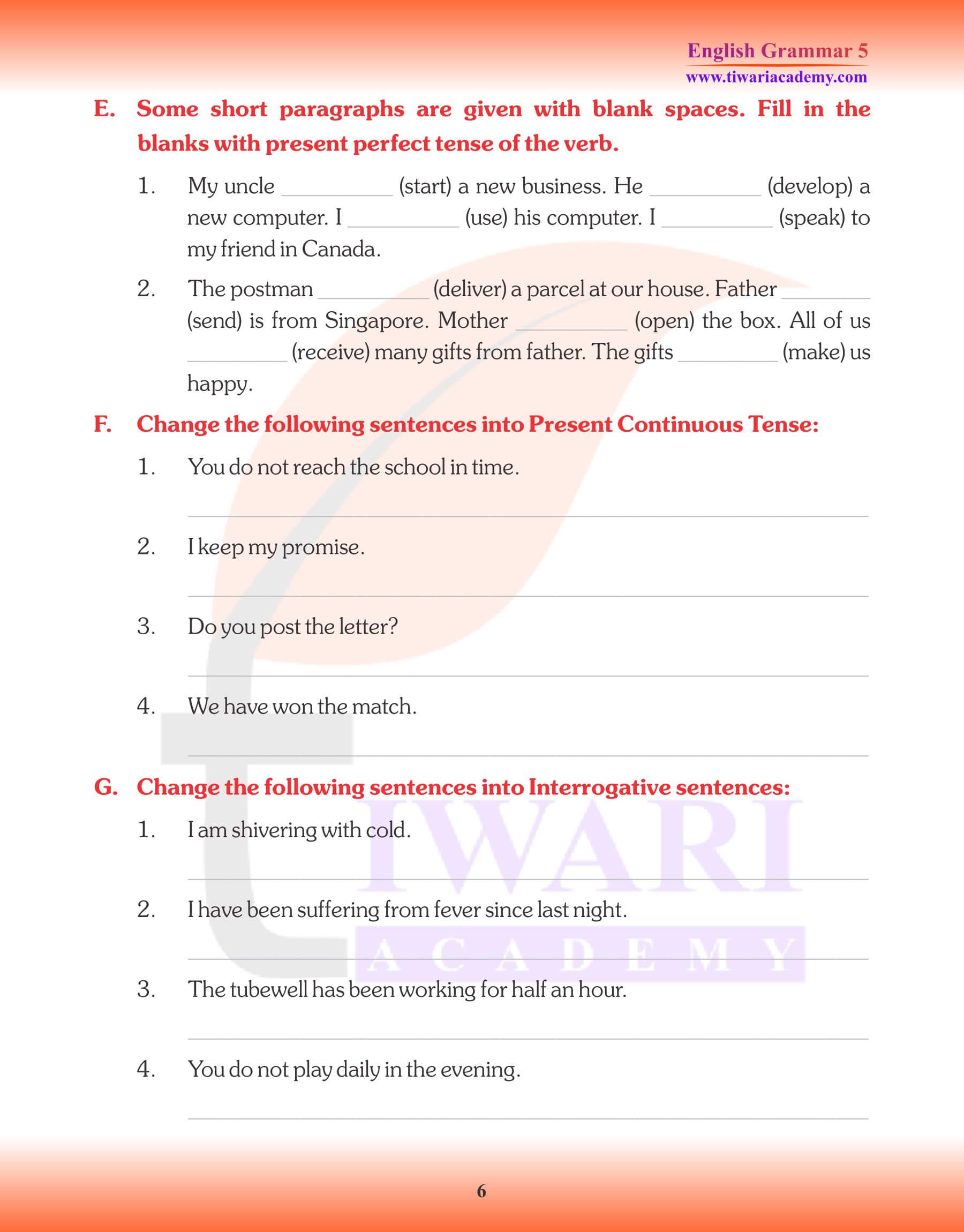 Class 5 Grammar Tense Worksheets