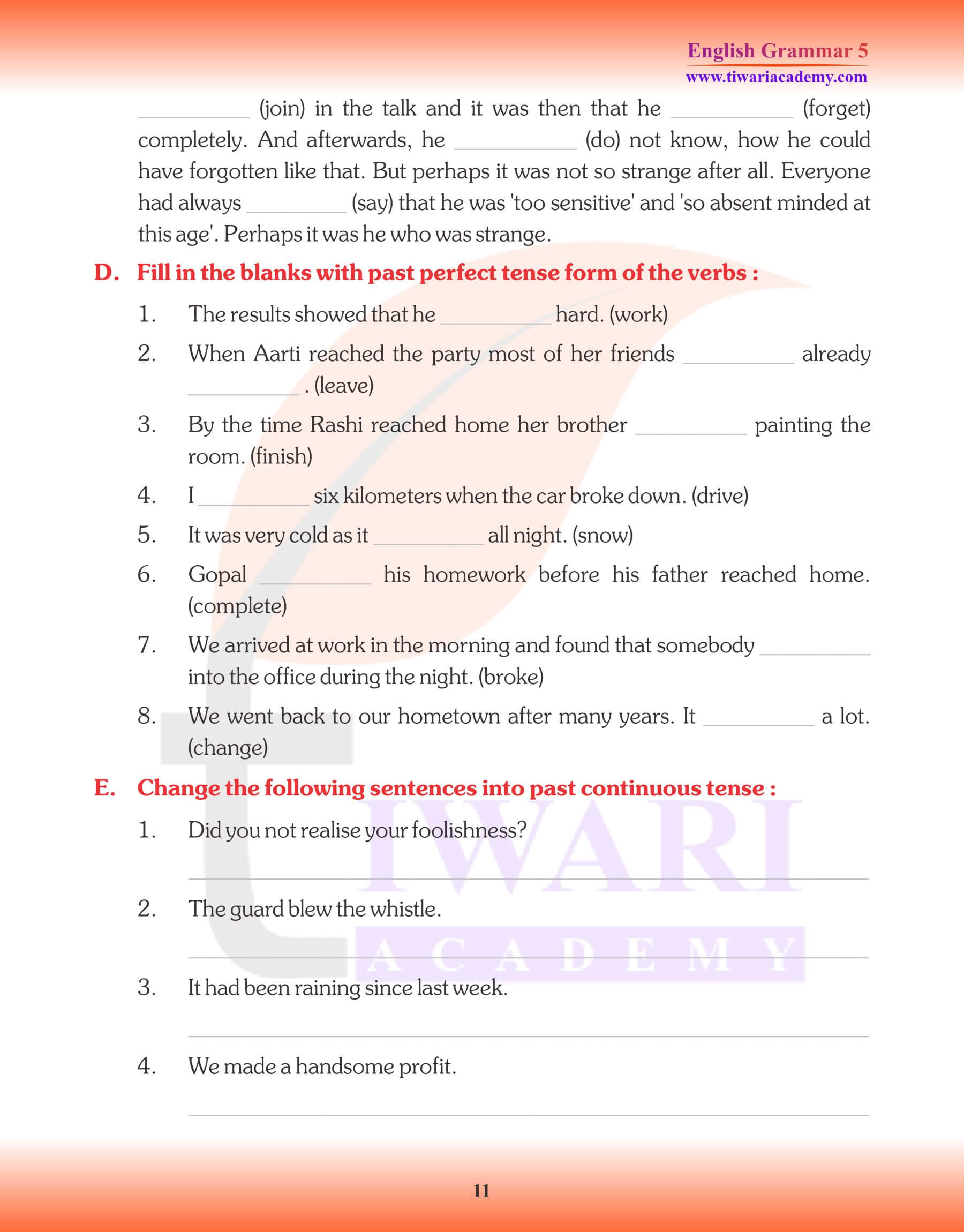 Class 5 Grammar Tense Practice