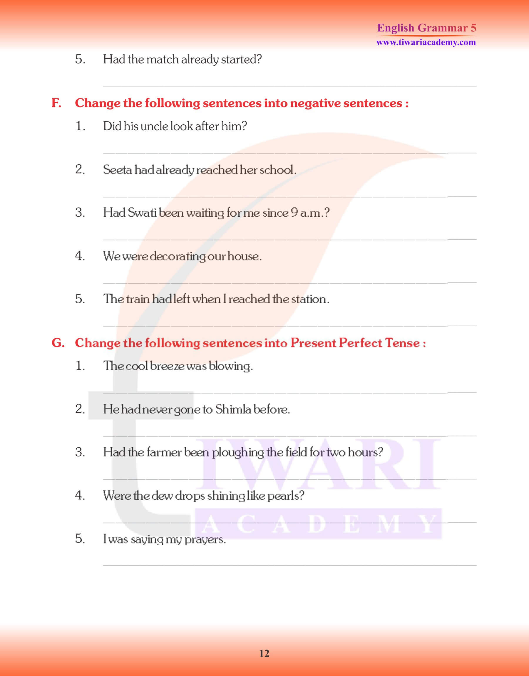 Class 5 Grammar Tense Questions