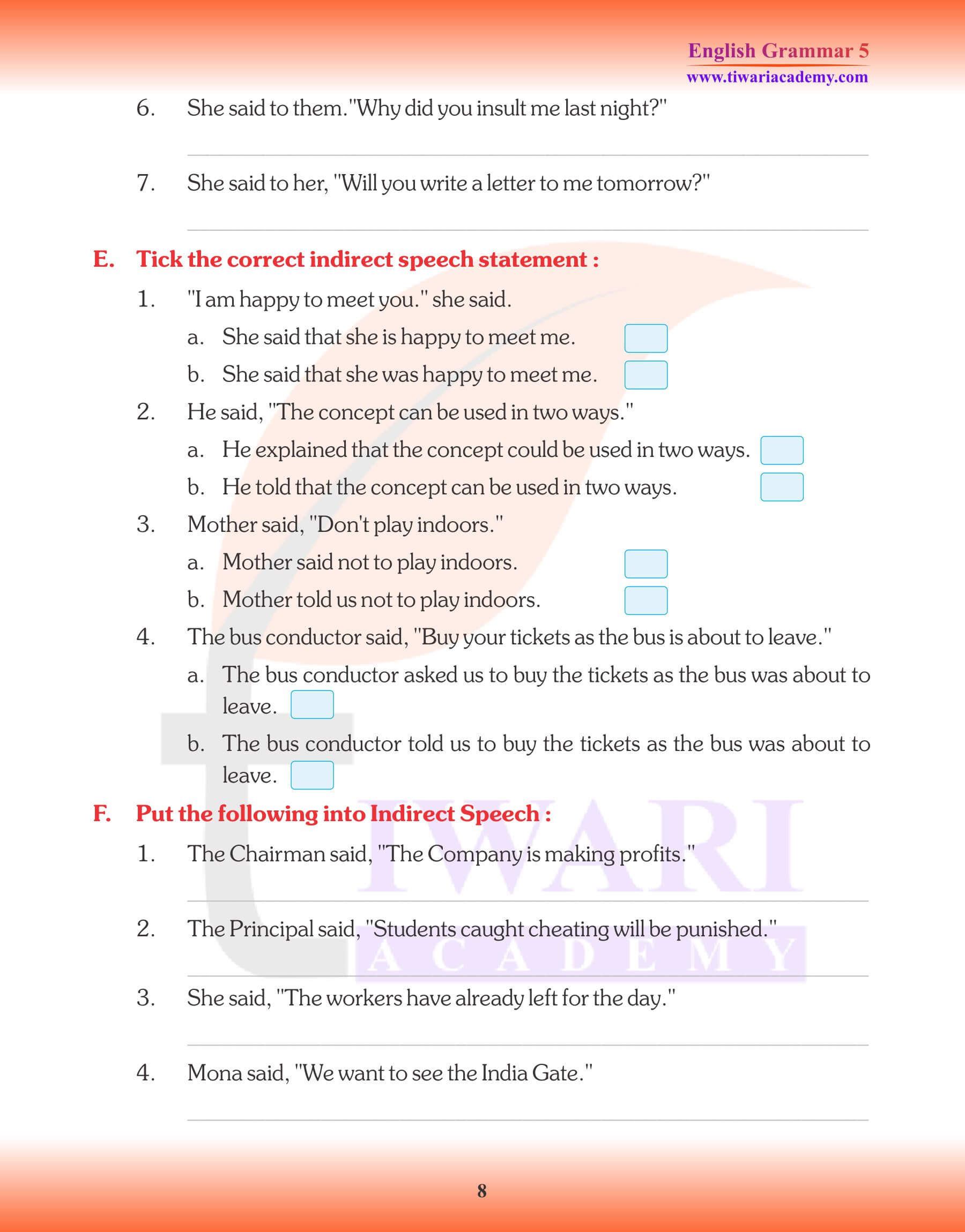 Class 5 Grammar Direct and Indirect Assignments