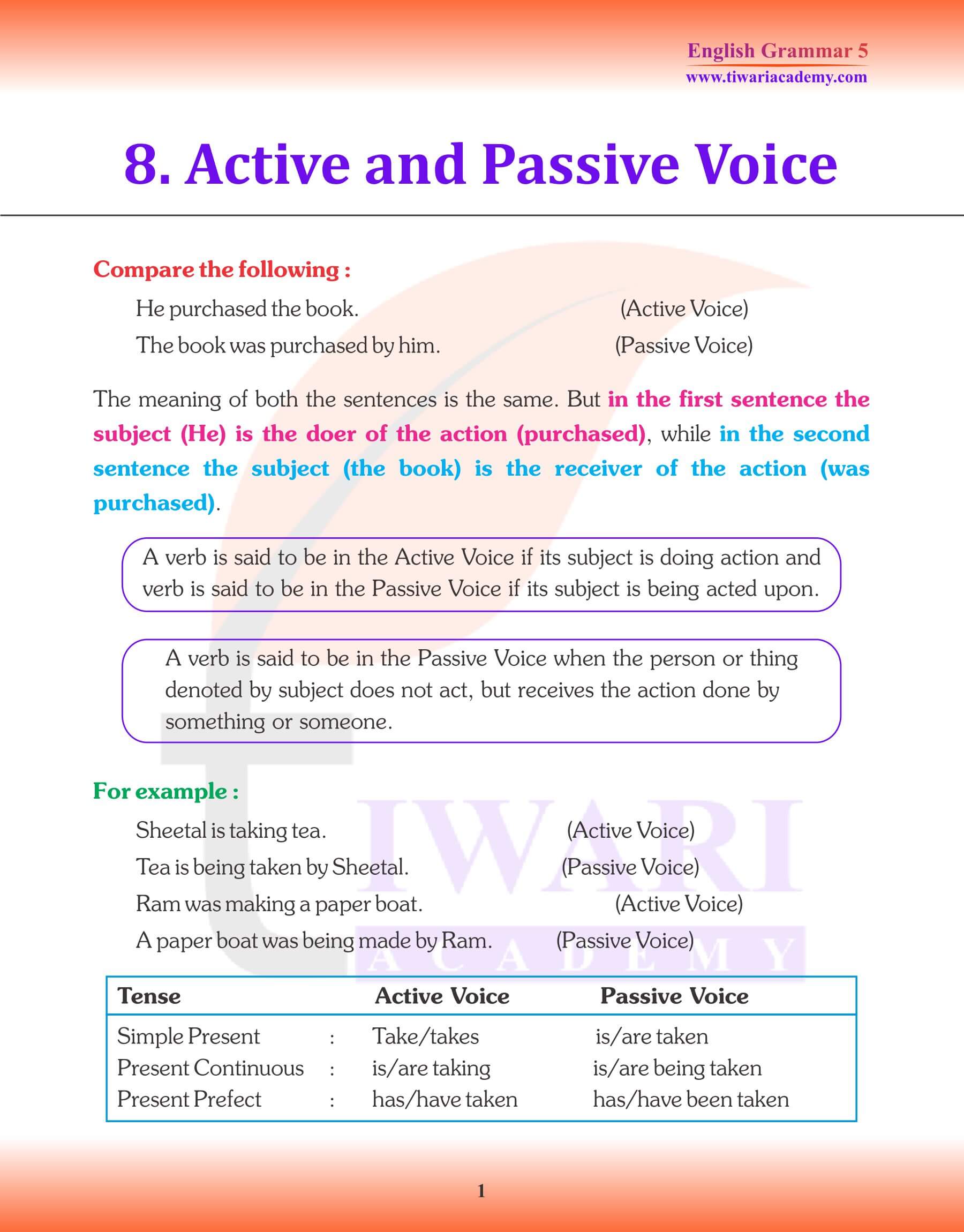 Class 5 Grammar Active and Passive Voice Revision Book
