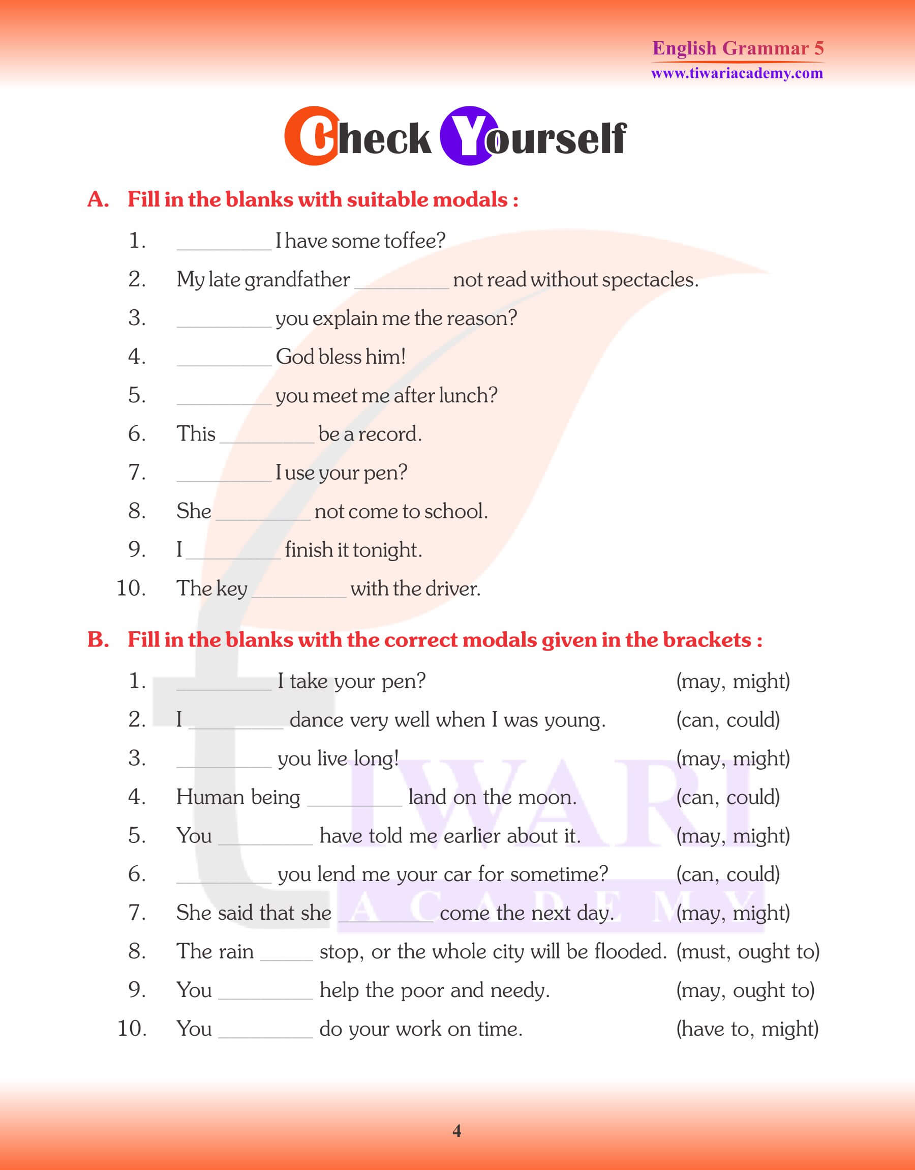 Class 5 English Grammar Modals Question answers