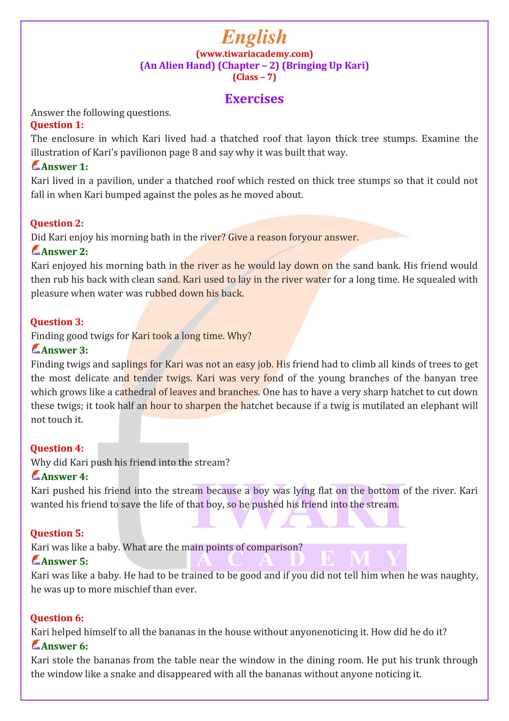 NCERT Solutions for Class 7 English an Alien Hand Chapter 2 Bringing up Kari