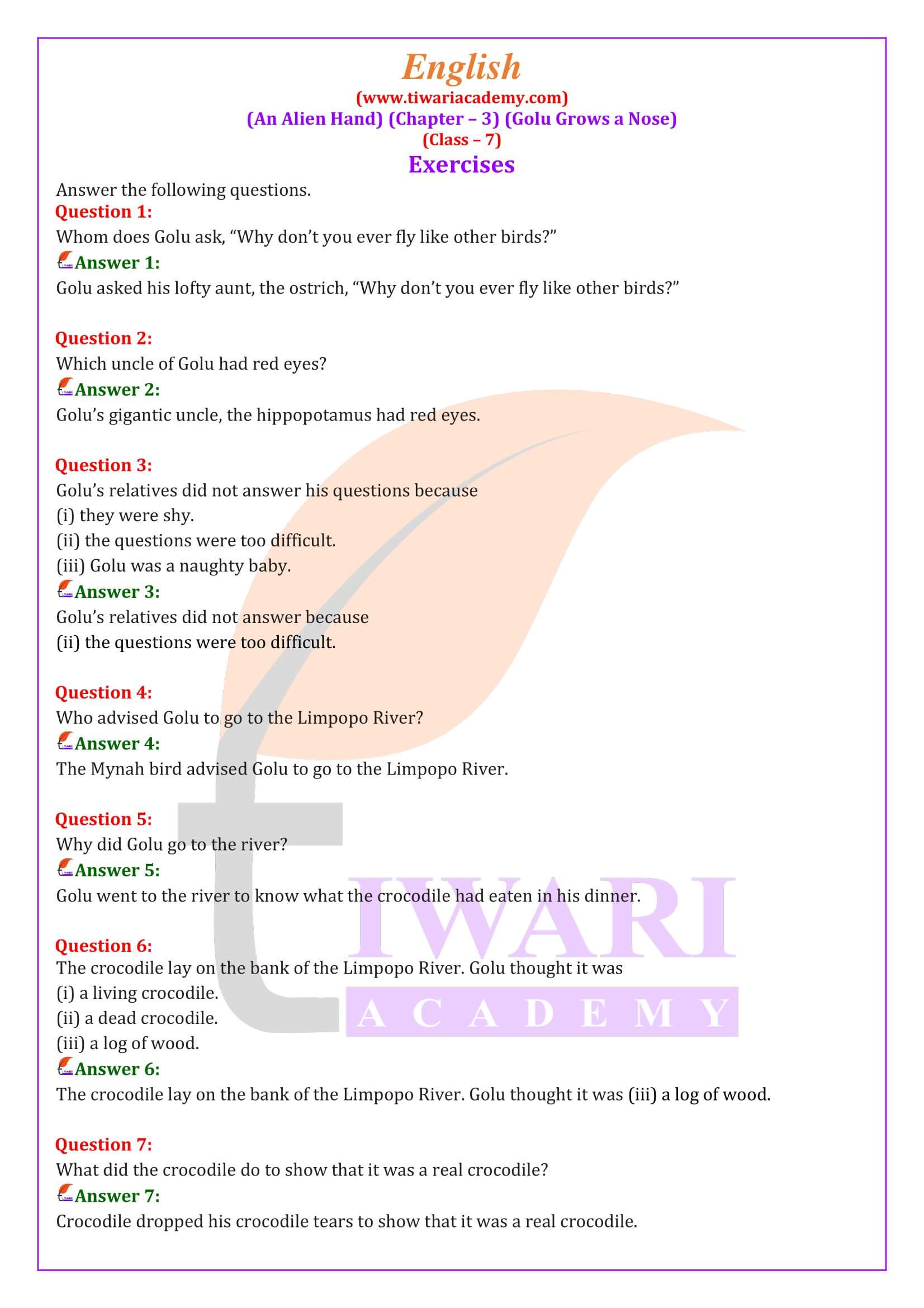 NCERT Solutions for Class 7 English an Alien Hand Chapter 3 Golu Grows a Nose