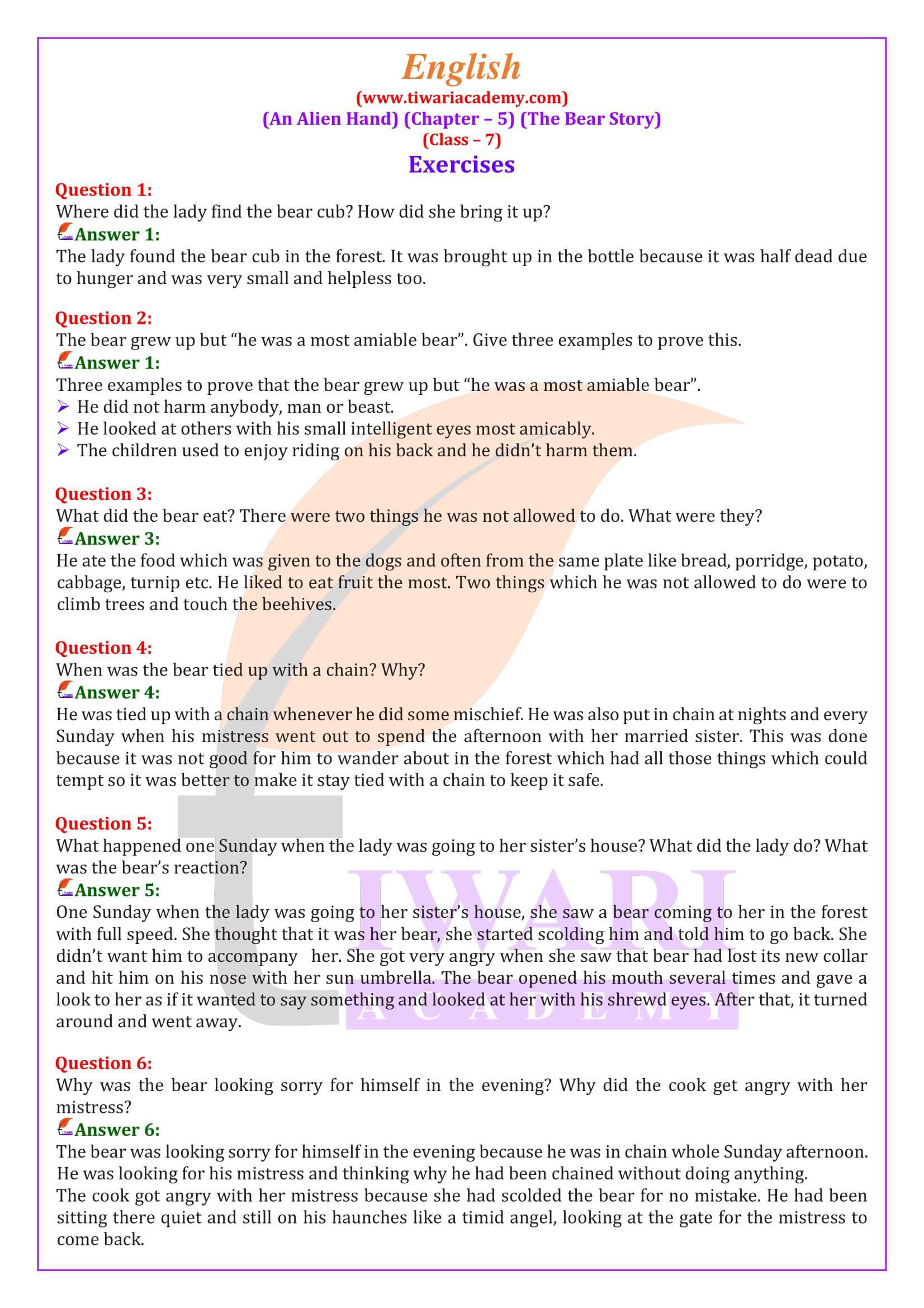 NCERT Solutions for Class 7 English an Alien Hand Chapter 5 the Bear Story