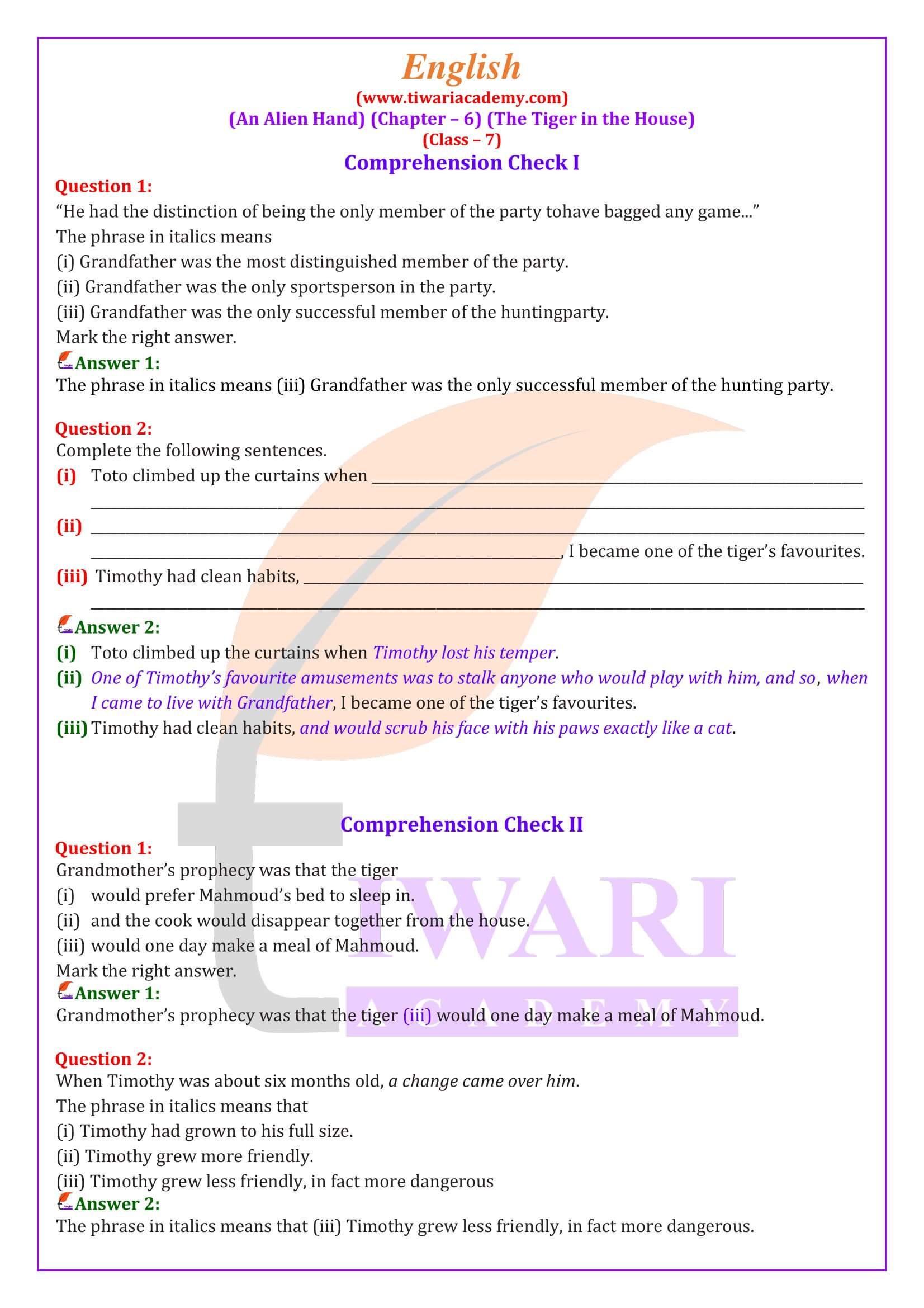 NCERT Solutions for Class 7 English an Alien Hand Chapter 6 a Tiger in the House