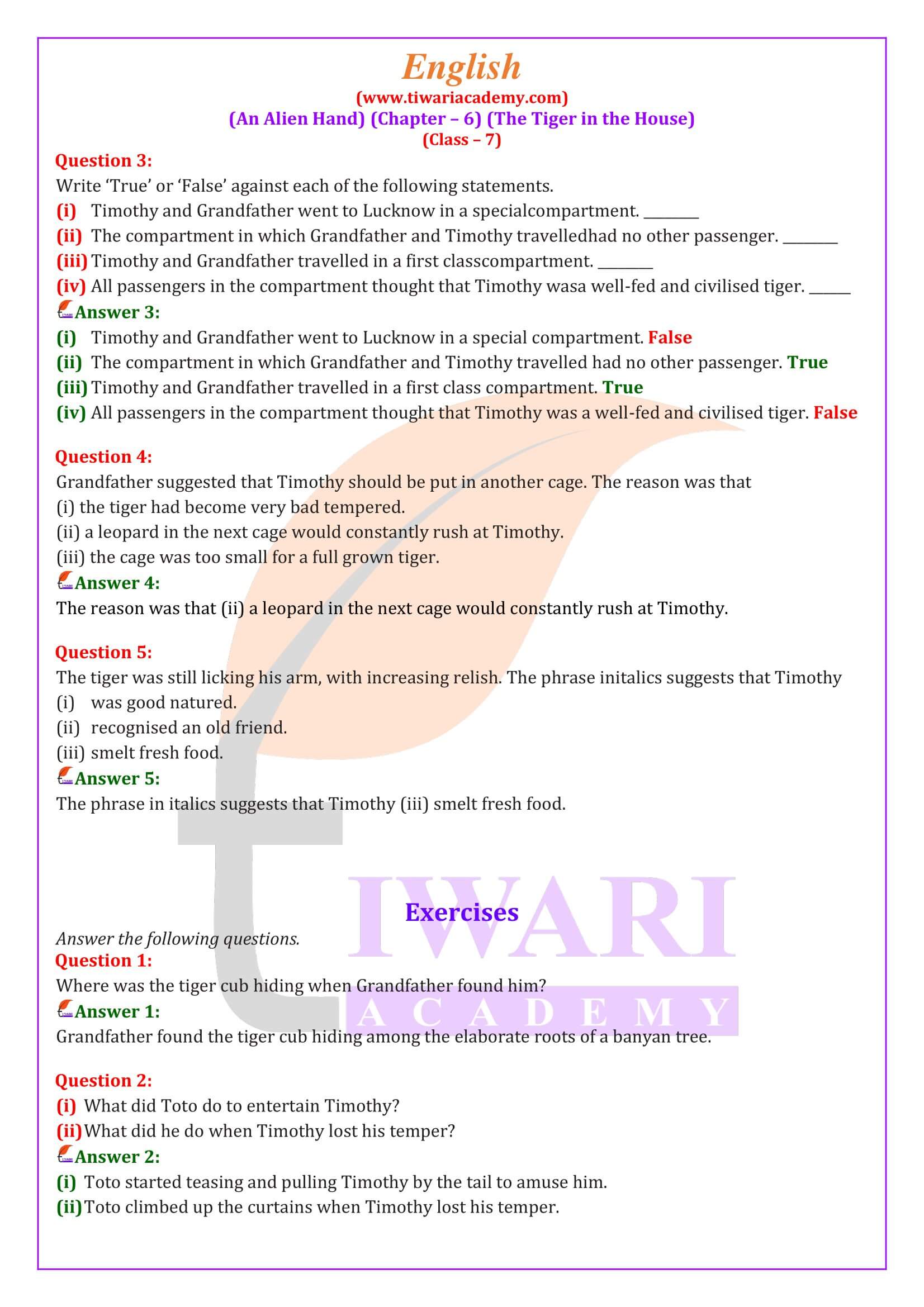 Class 7 English an Alien Hand Chapter 6 a Tiger in the House