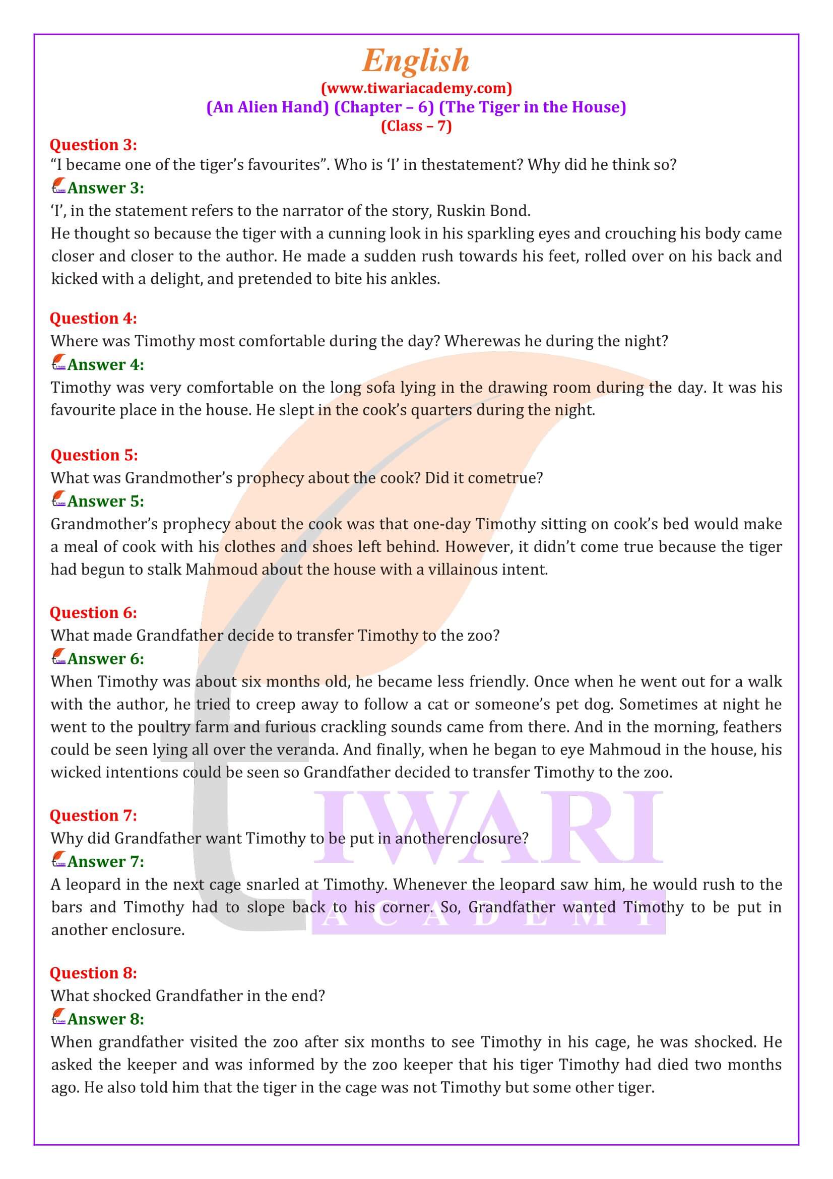Class 7 English an Alien Hand Chapter 6 Question Answers
