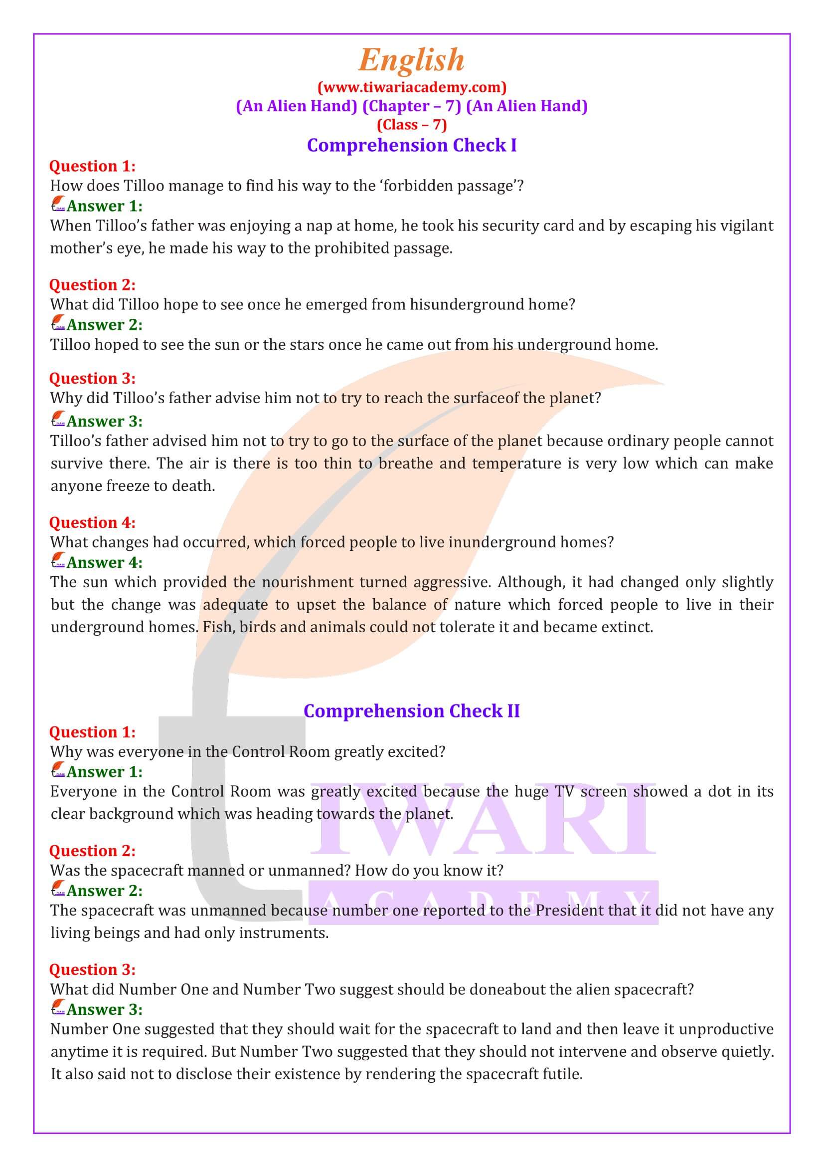 Class 7 English an Alien Hand Chapter 7 an Alien Hand