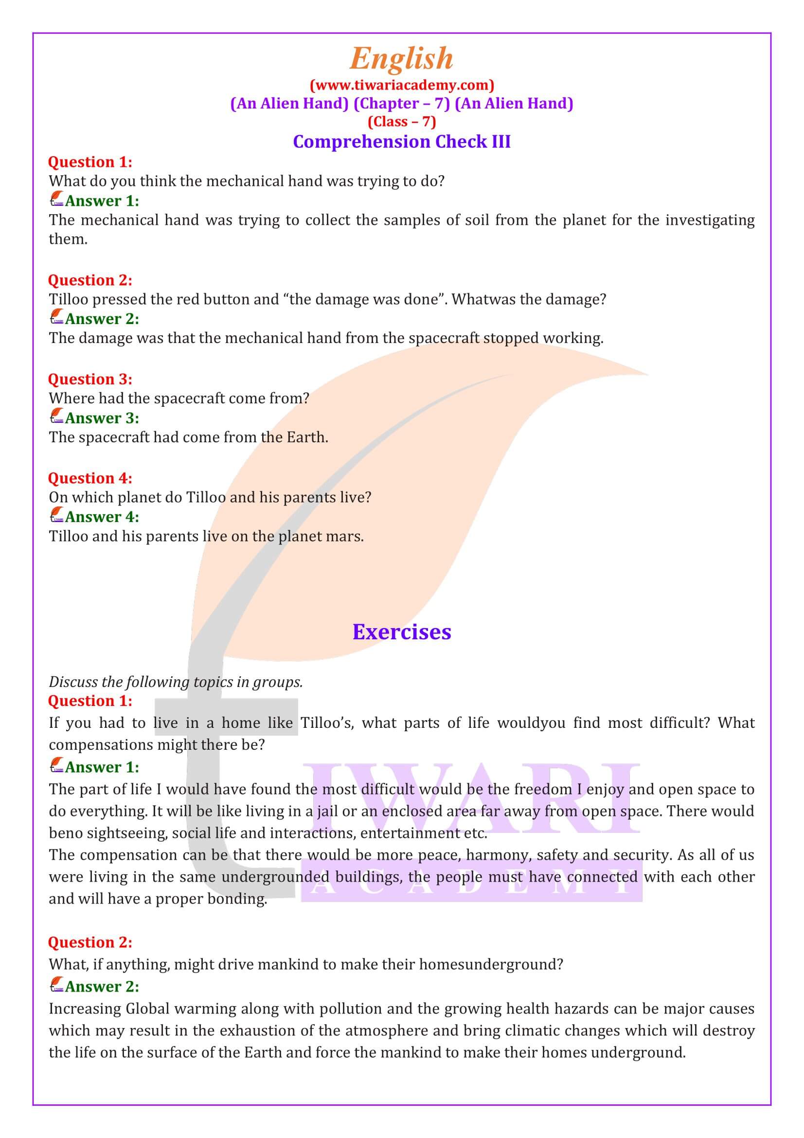 Class 7 English an Alien Hand Chapter 7 Question Answers