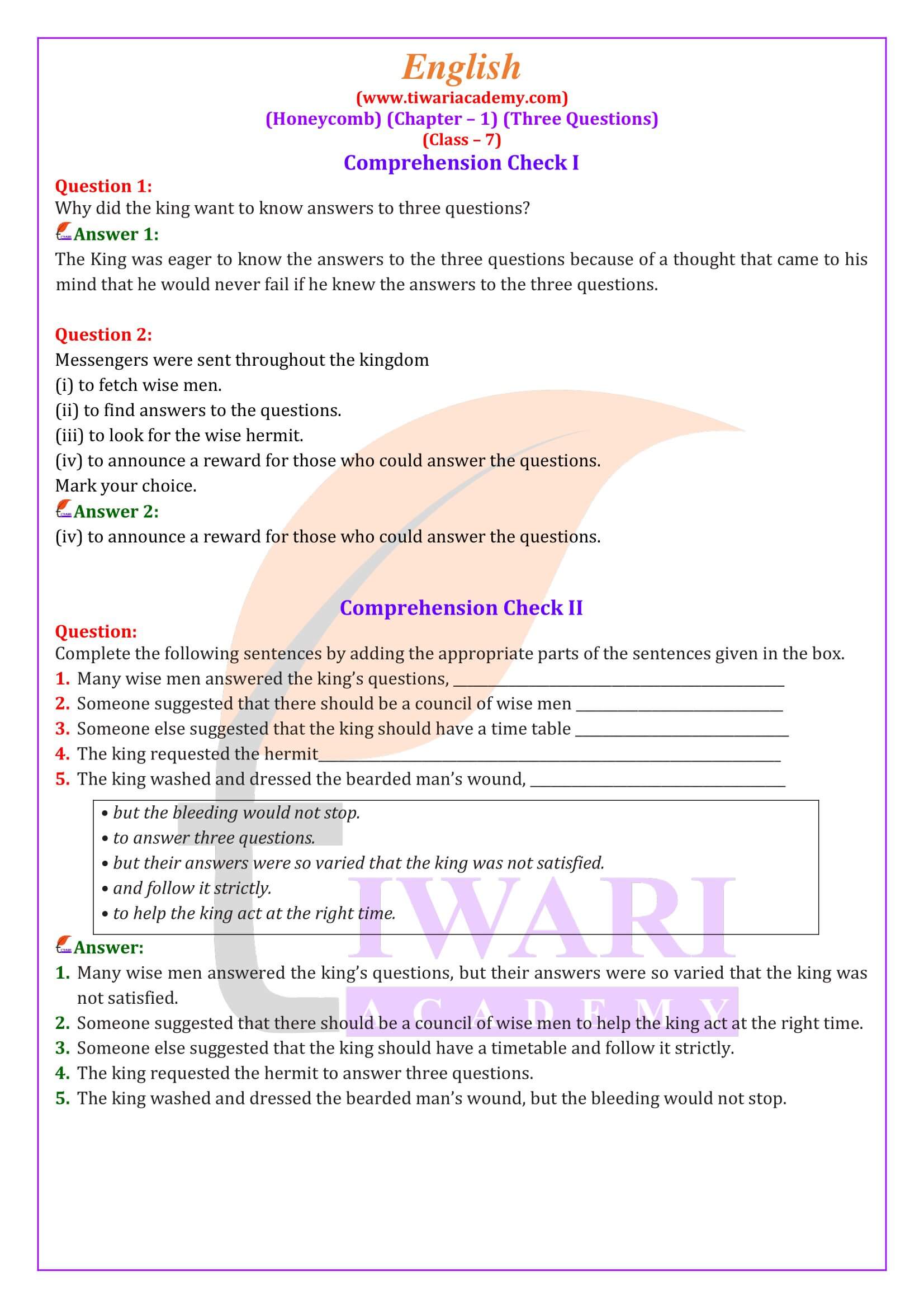 NCERT Solutions for Class 7 English Honeycomb Chapter 1 Three Questions