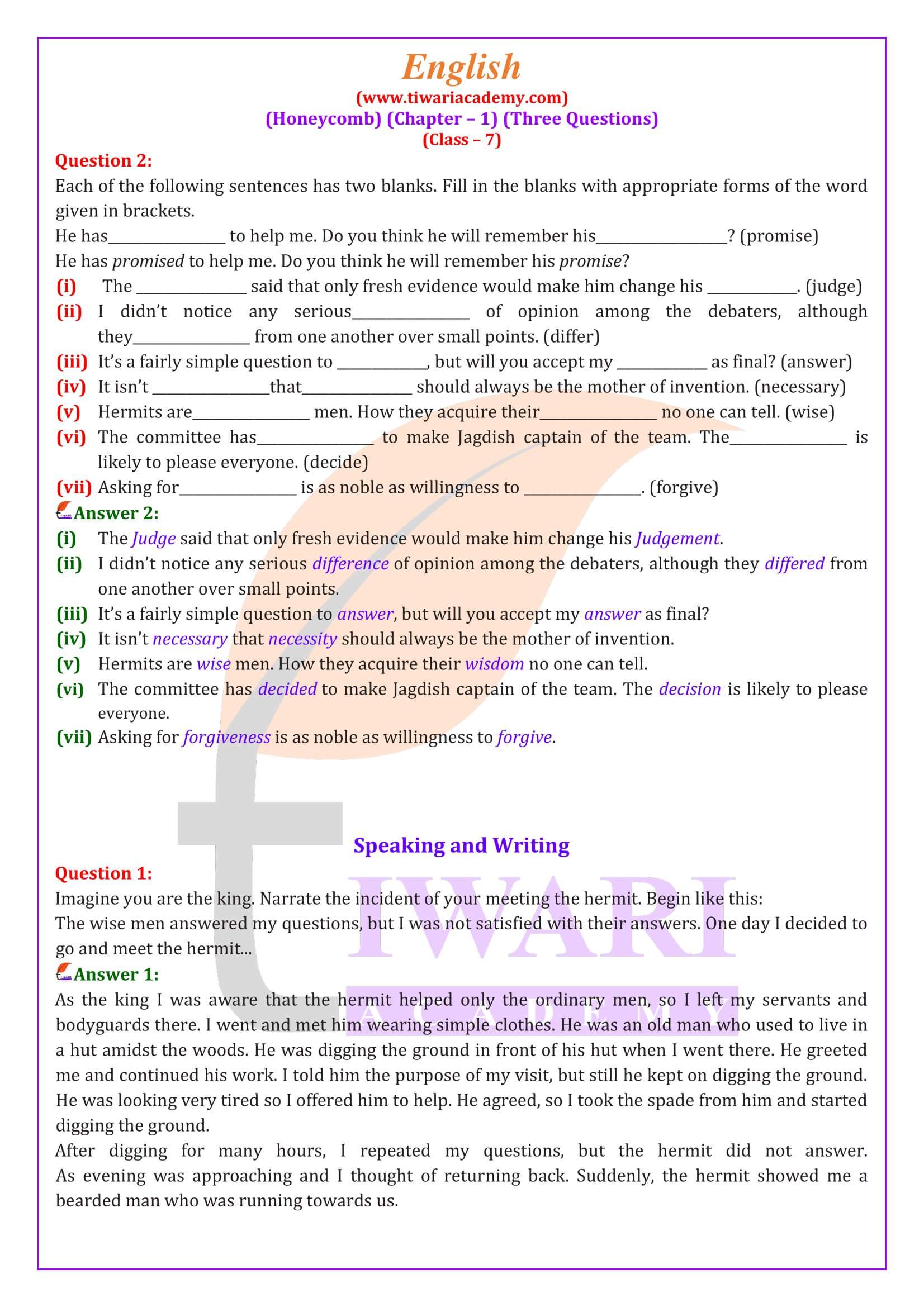 Class 7 English Honeycomb Chapter 1 Question Answers guide