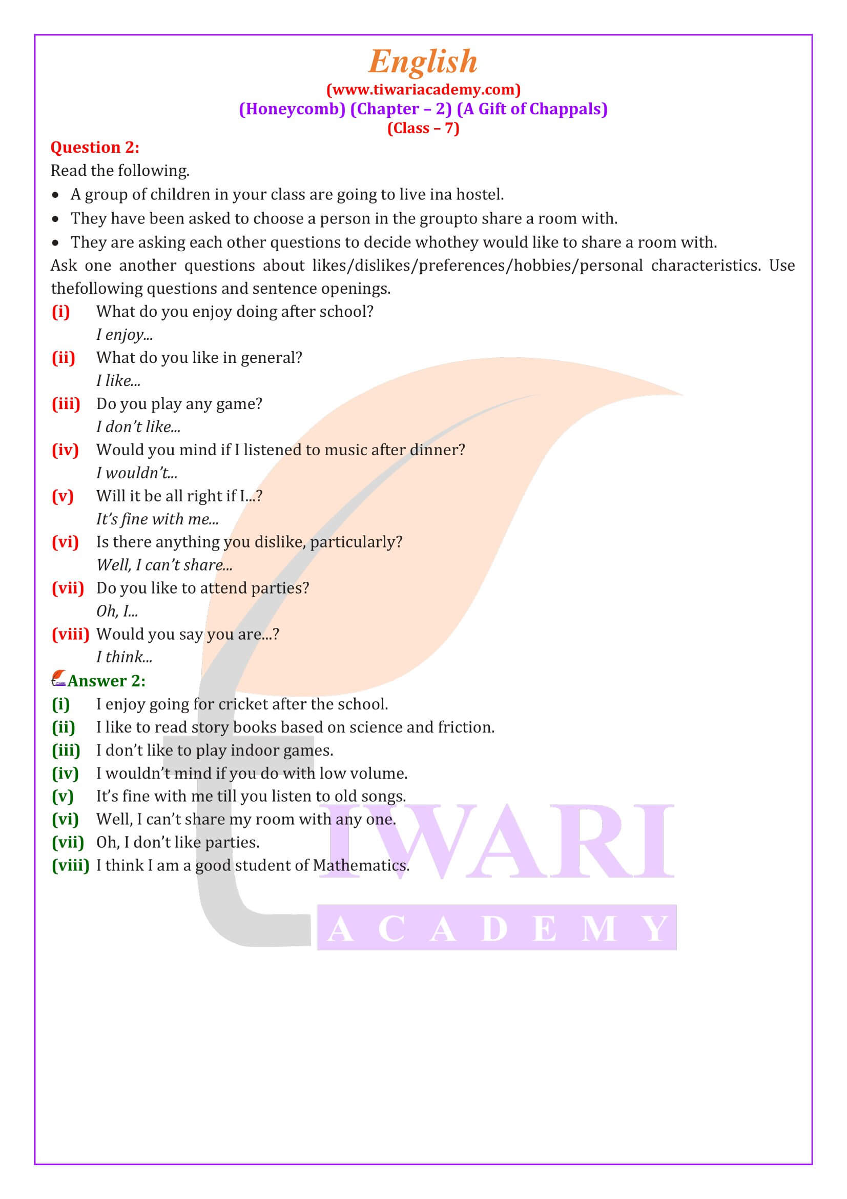 Class 7 English Honeycomb Chapter 2 all answers