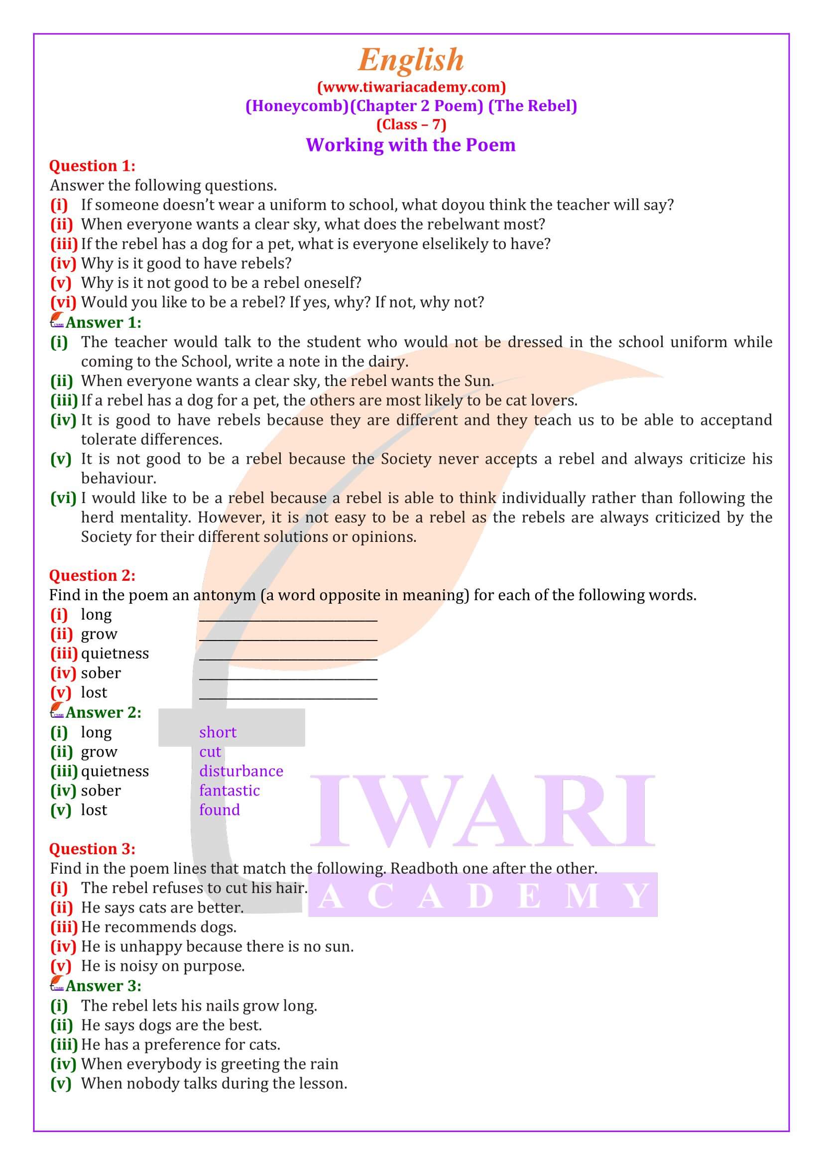 Class 7 English Honeycomb Chapter 2 Poem answers