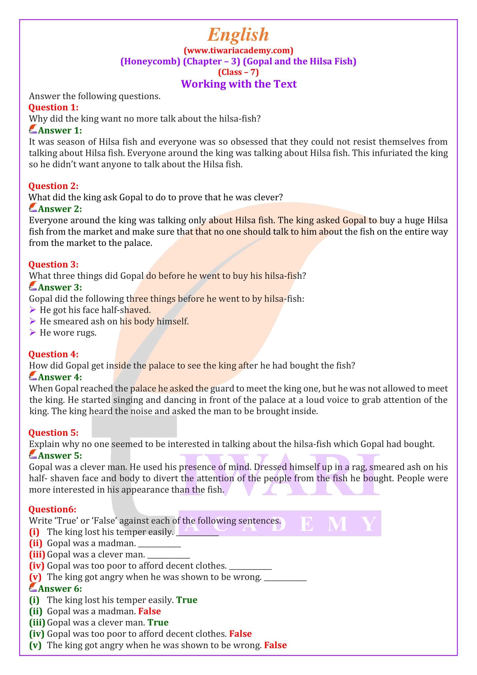 NCERT Solutions for Class 7 English Honeycomb Chapter 3 Gopal and the Hilsa Fish