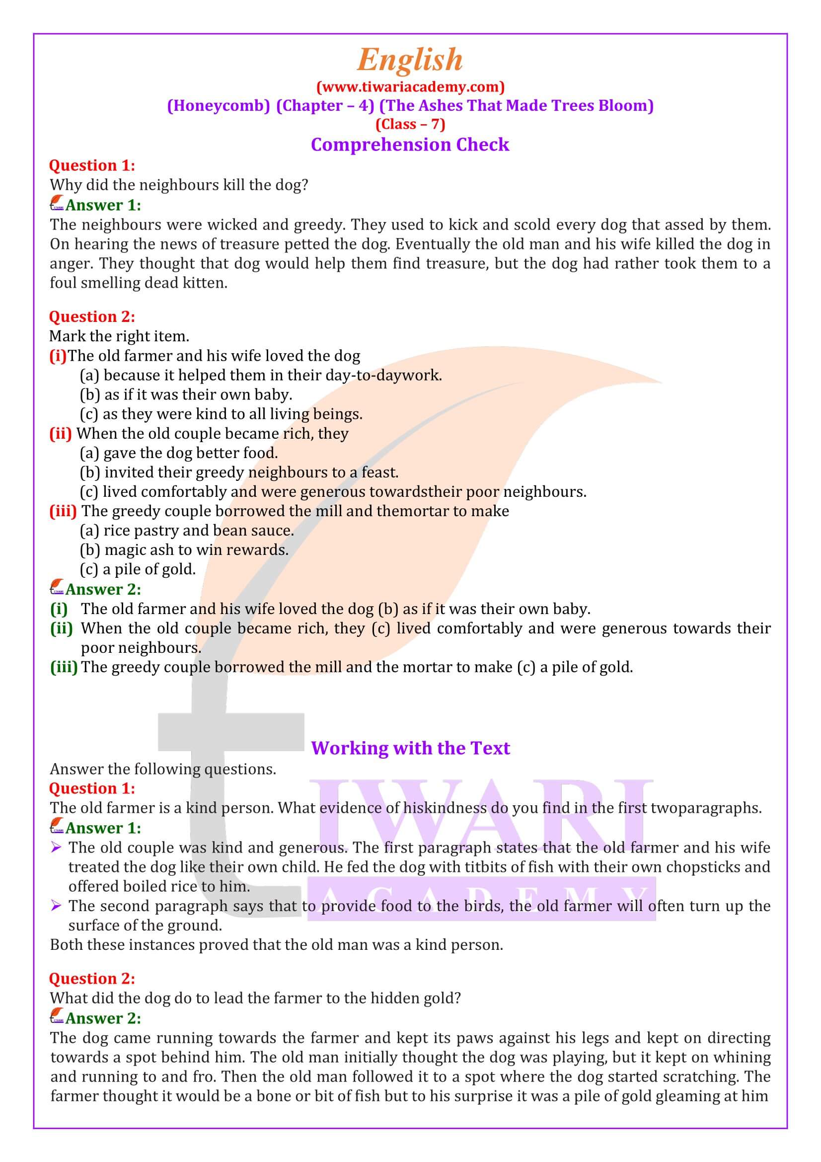 NCERT Solutions for Class 7 English Honeycomb Chapter 4 The Ashes that Made Trees Bloom