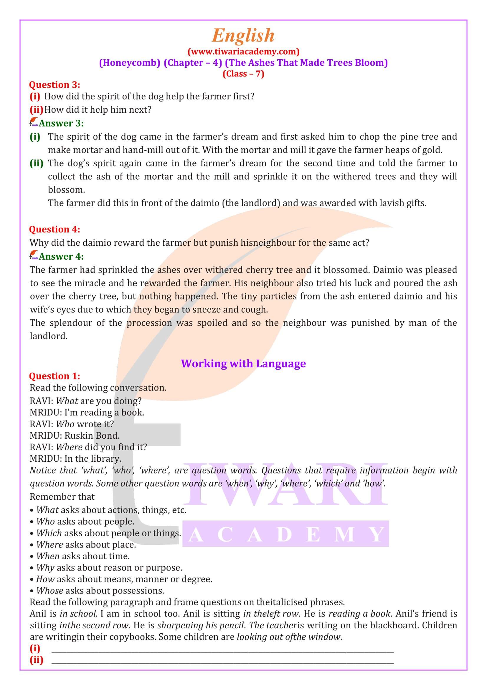 Class 7 English Honeycomb Chapter 4 The Ashes that Made Trees Bloom