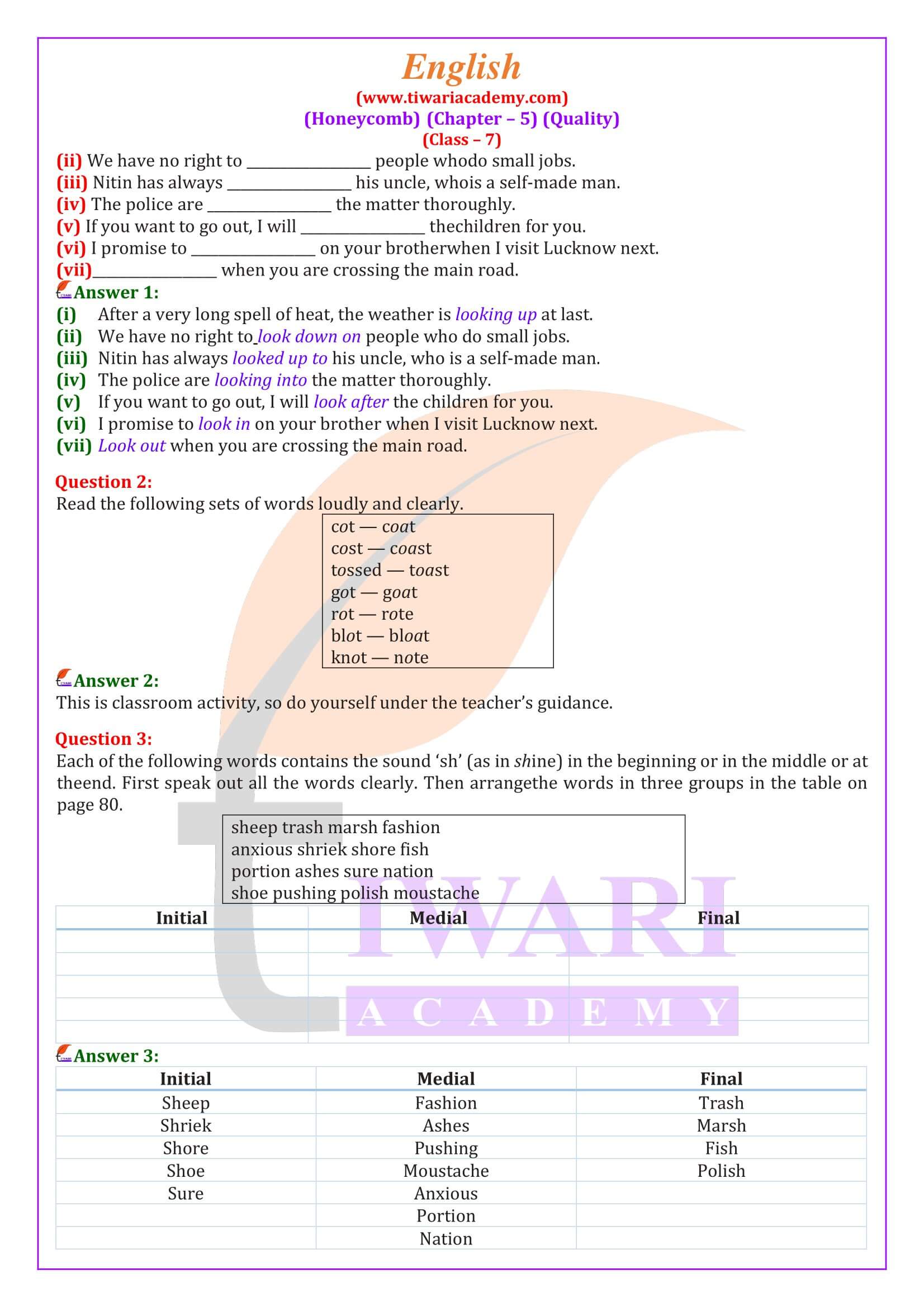 NCERT Solutions for Class 7 English Honeycomb Chapter 5 Quality