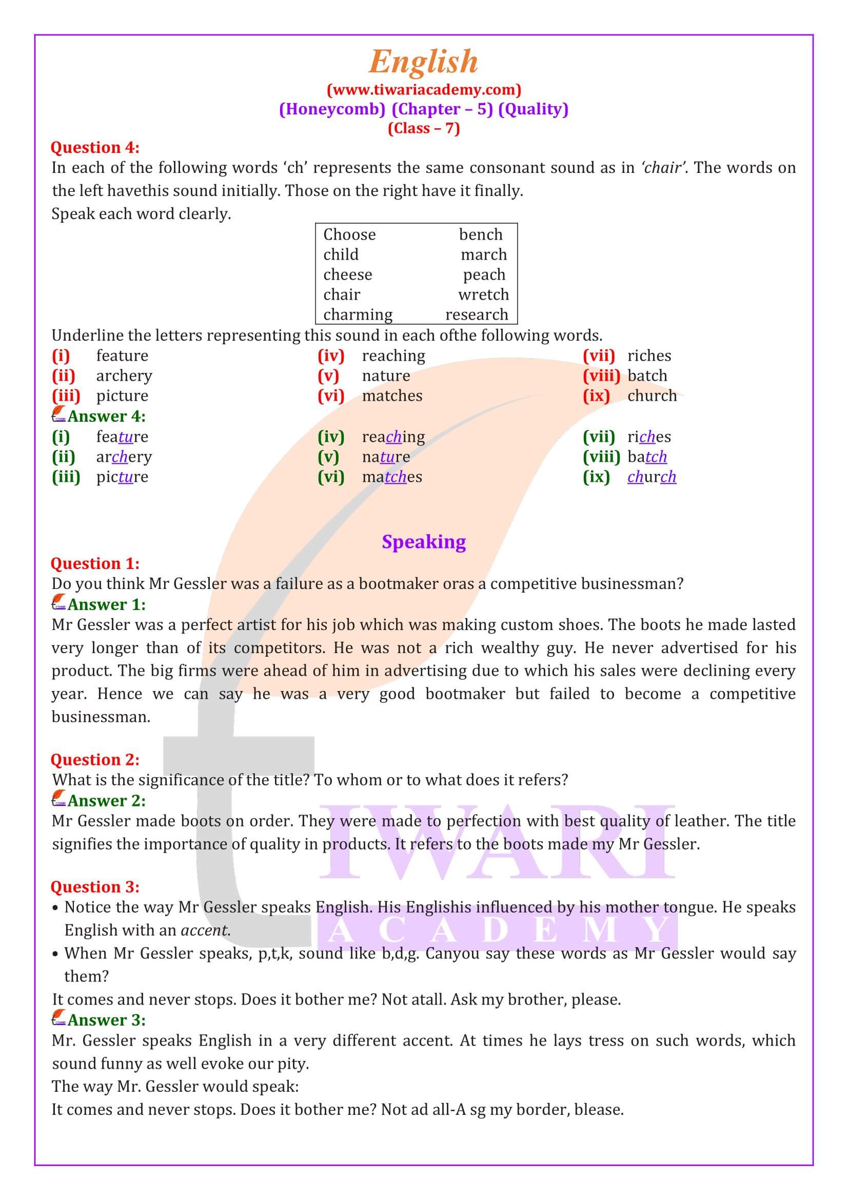 Class 7 English Honeycomb Chapter 5