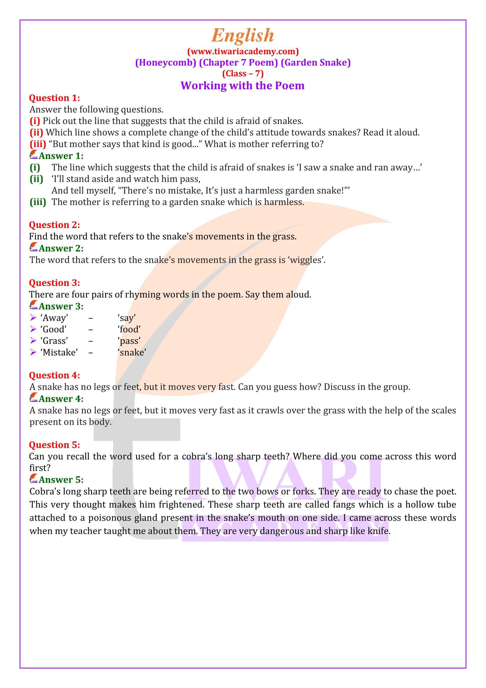 Class 7 English Honeycomb Chapter 7 Second Poem