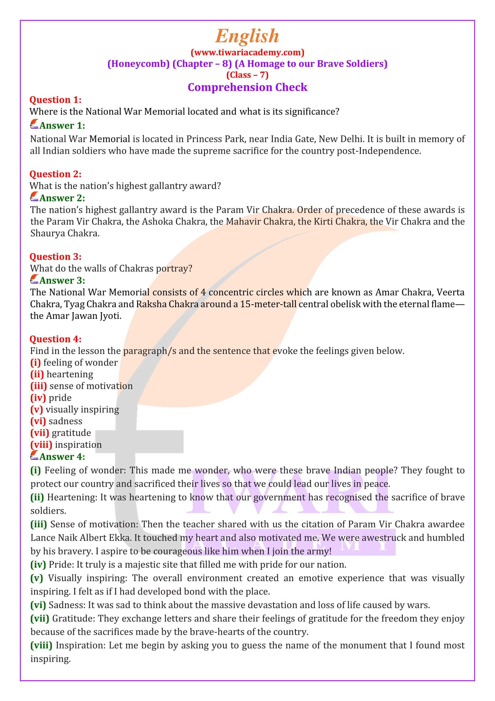 NCERT Solutions for Class 7 English Honeycomb Chapter 8 A Homage to our Brave Soldiers