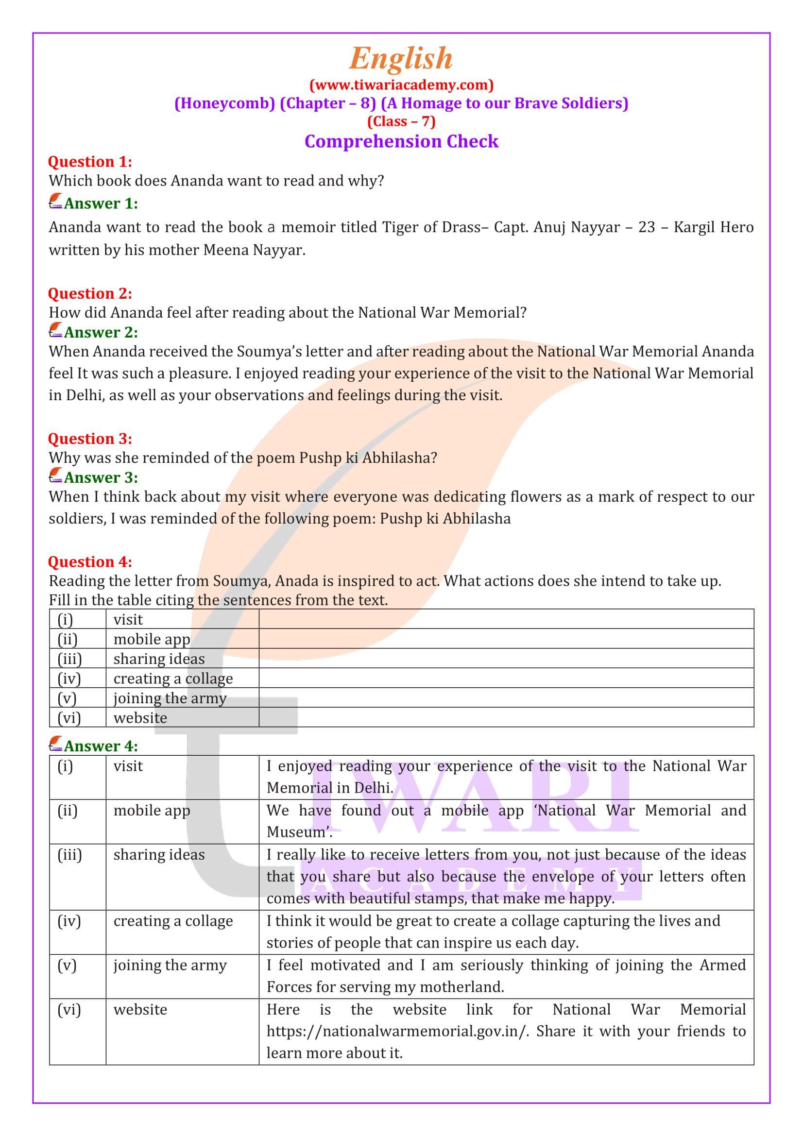 Class 7 English Honeycomb Chapter 8 A Homage to our Brave Soldiers