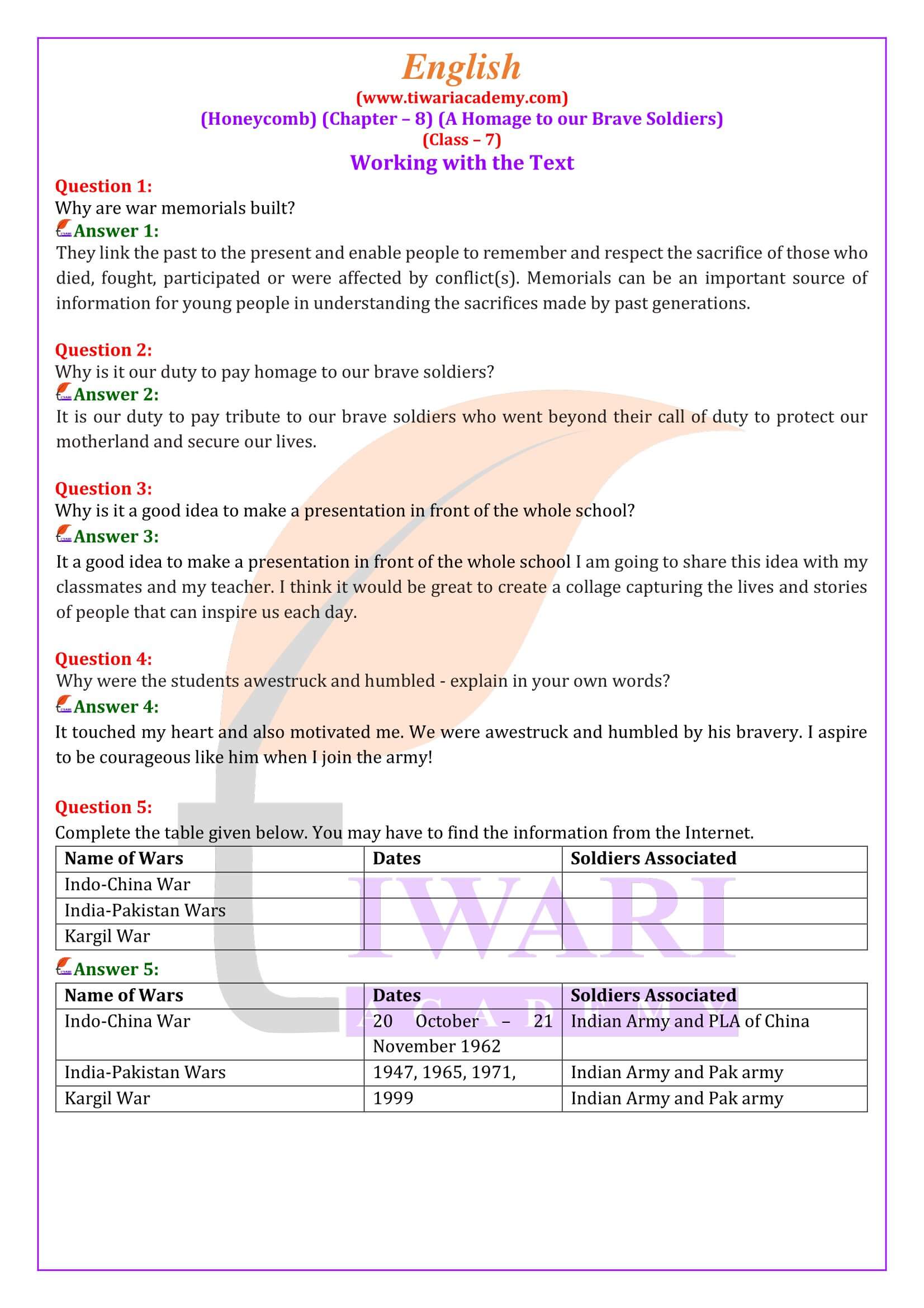 Class 7 English Honeycomb Chapter 8 our Brave Soldiers