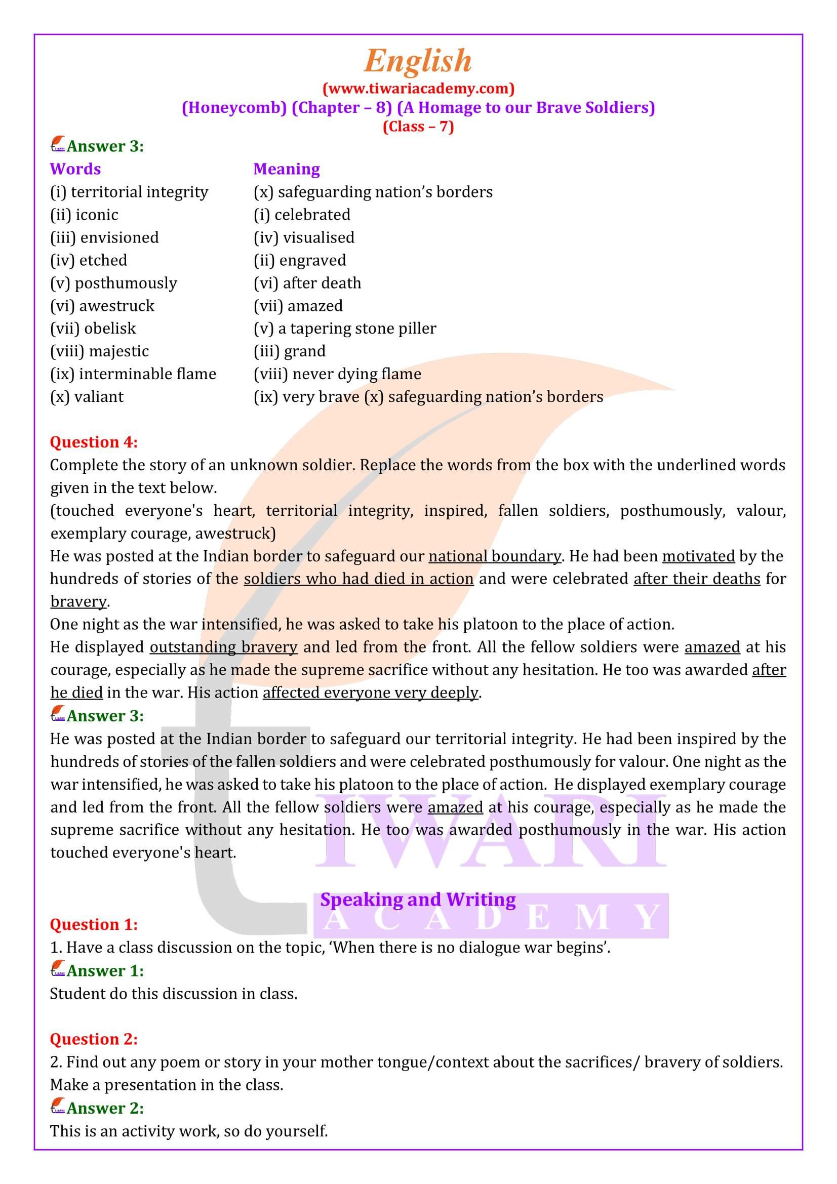 Class 7 English Honeycomb Chapter 8 Solutions