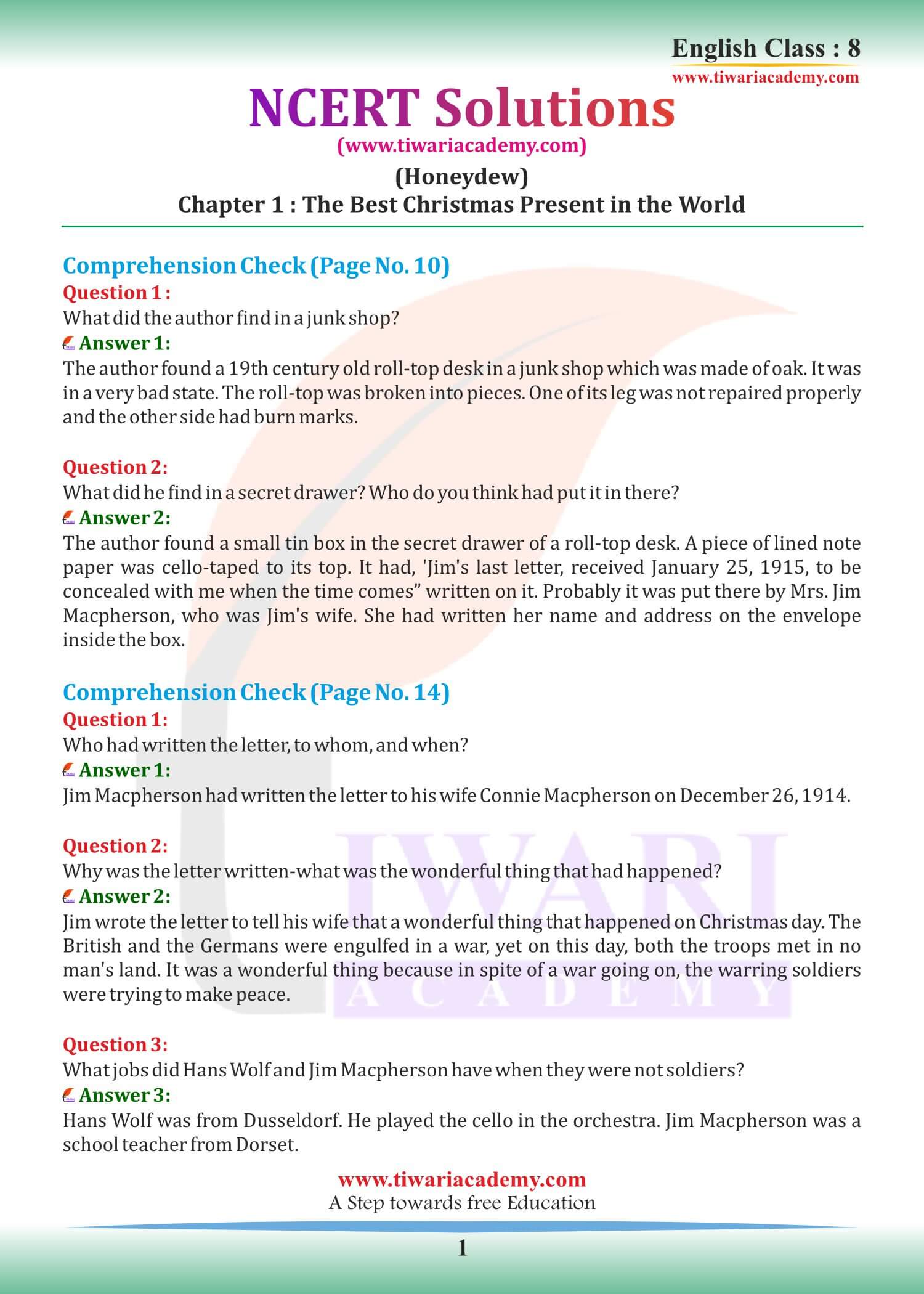 NCERT Solutions for Class 8 English Honeydew Chapter 1 The Best Christmas Present in the World