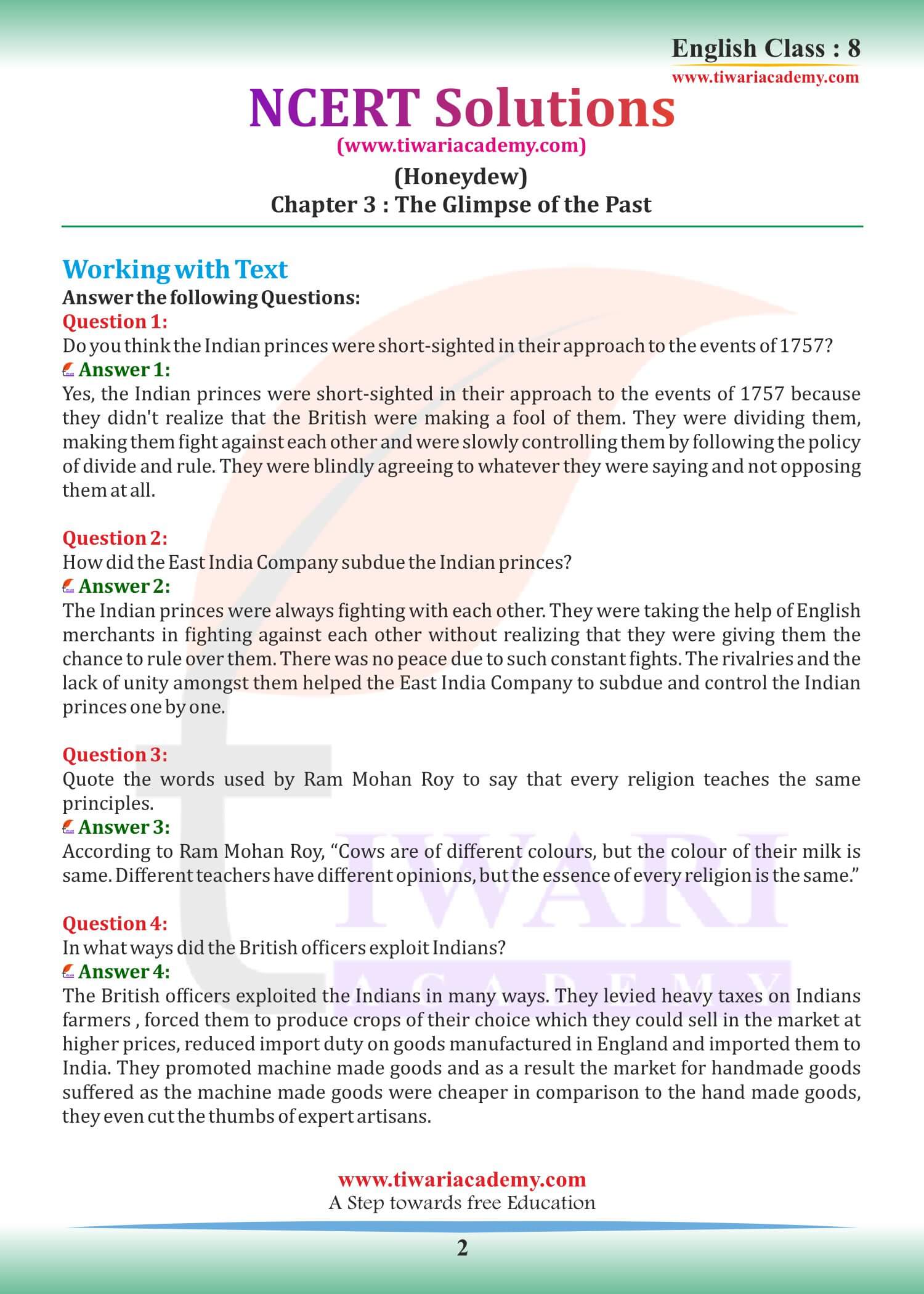 Class 8 English Honeydew Chapter 3 Glimpses of the Past