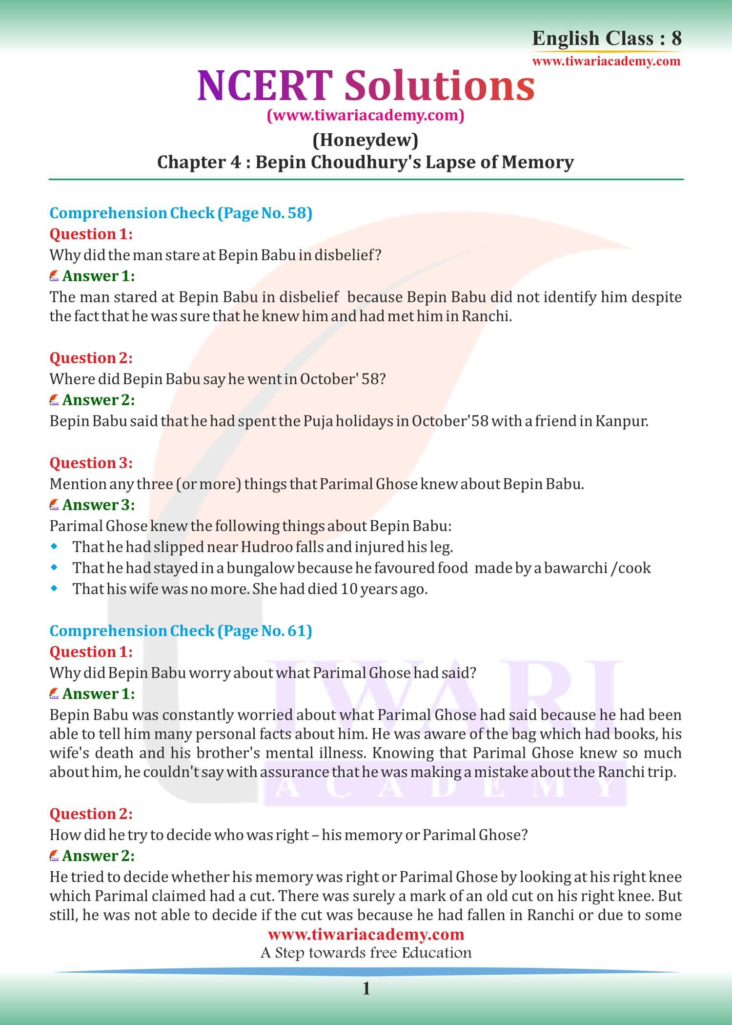 NCERT Solutions for Class 8 English Honeydew Chapter 4 Bepin Chaudhury Lapse of Memory