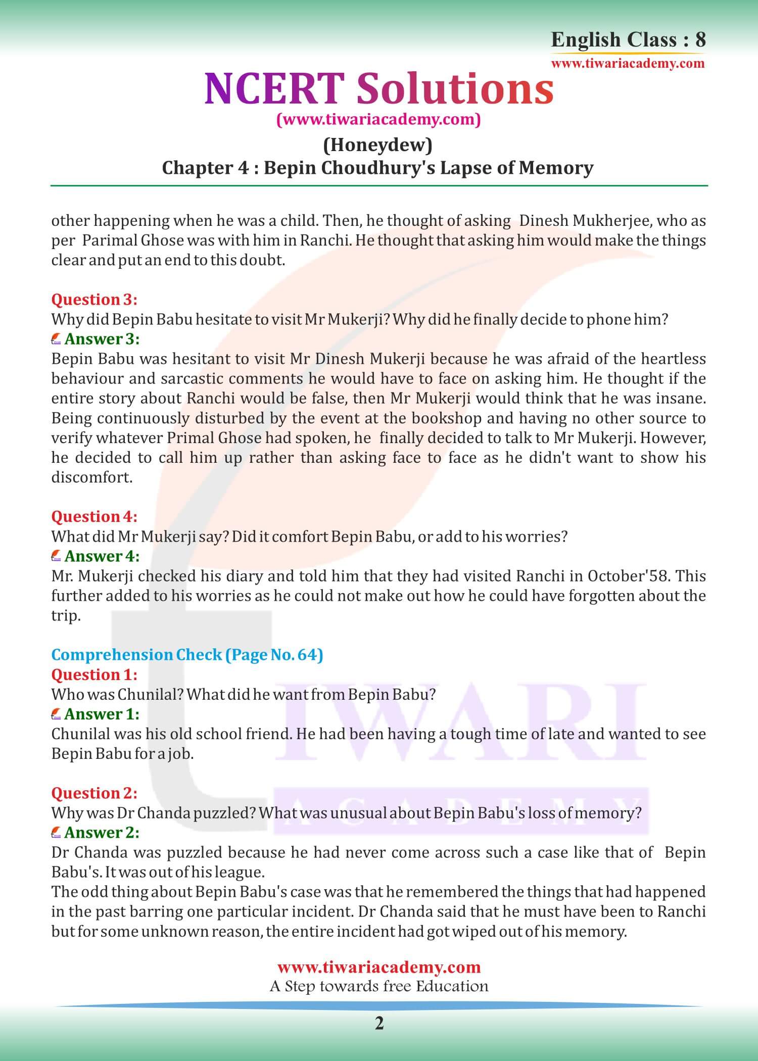 Class 8 English Honeydew Chapter 4 Bepin Chaudhury Lapse of Memory