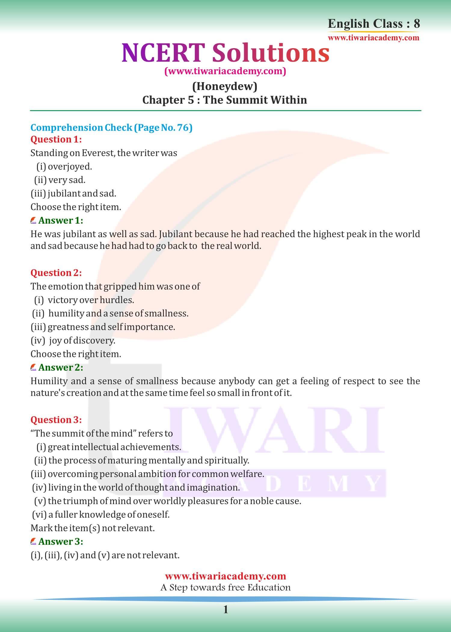 NCERT Solutions for Class 8 English Honeydew Chapter 5 The Summit Within