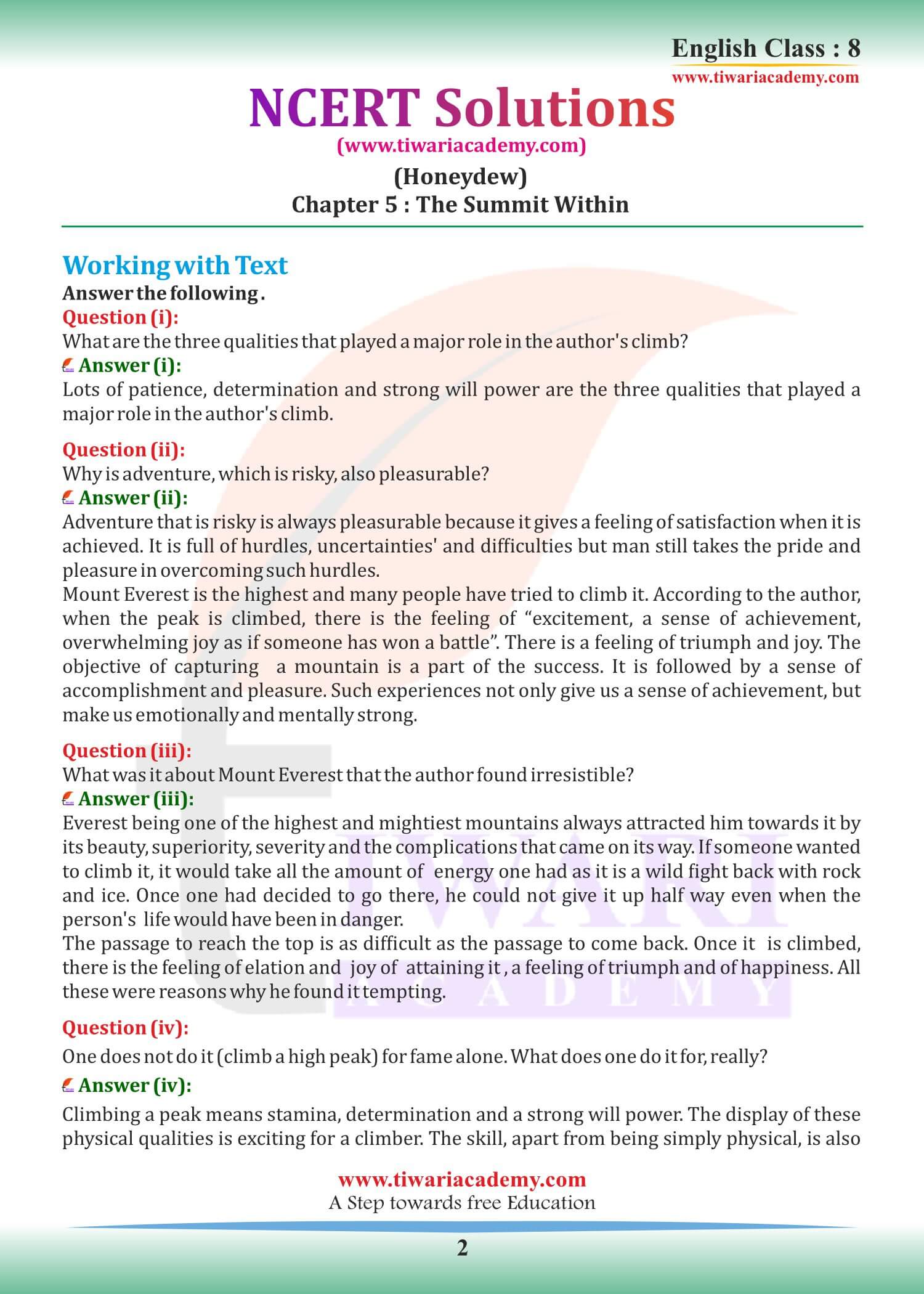 Class 8 English Honeydew Chapter 5 The Summit Within