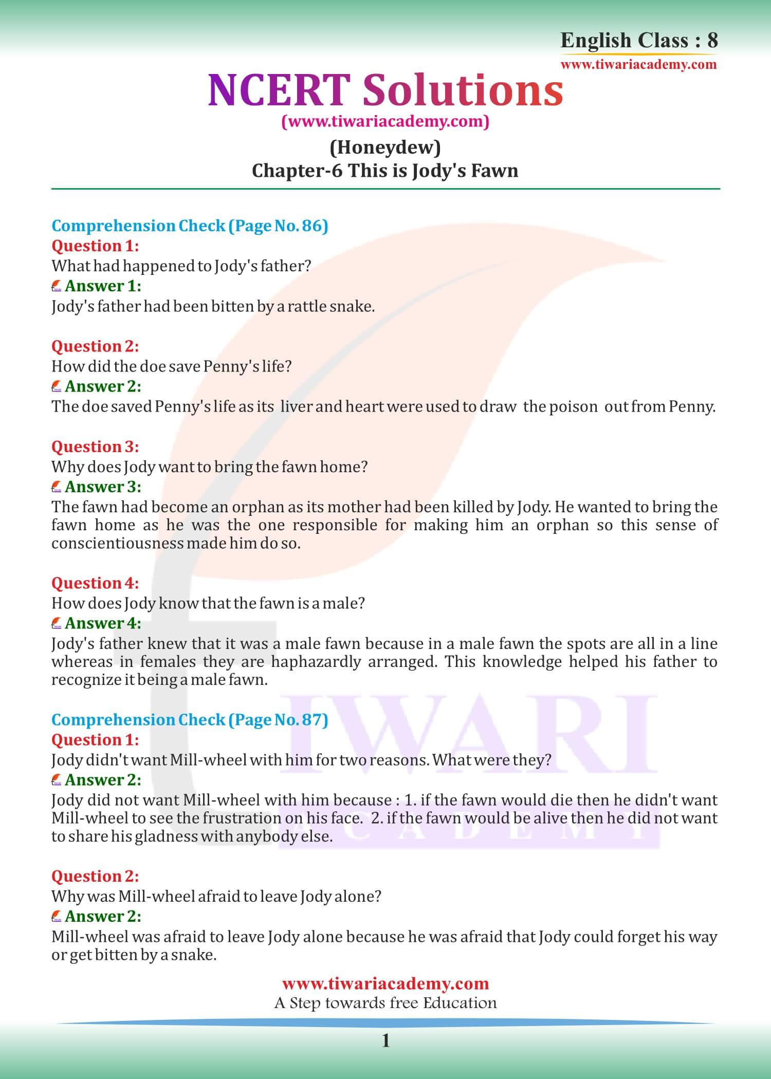 NCERT Solutions for Class 8 English Honeydew Chapter 6 This is Jody's Faun
