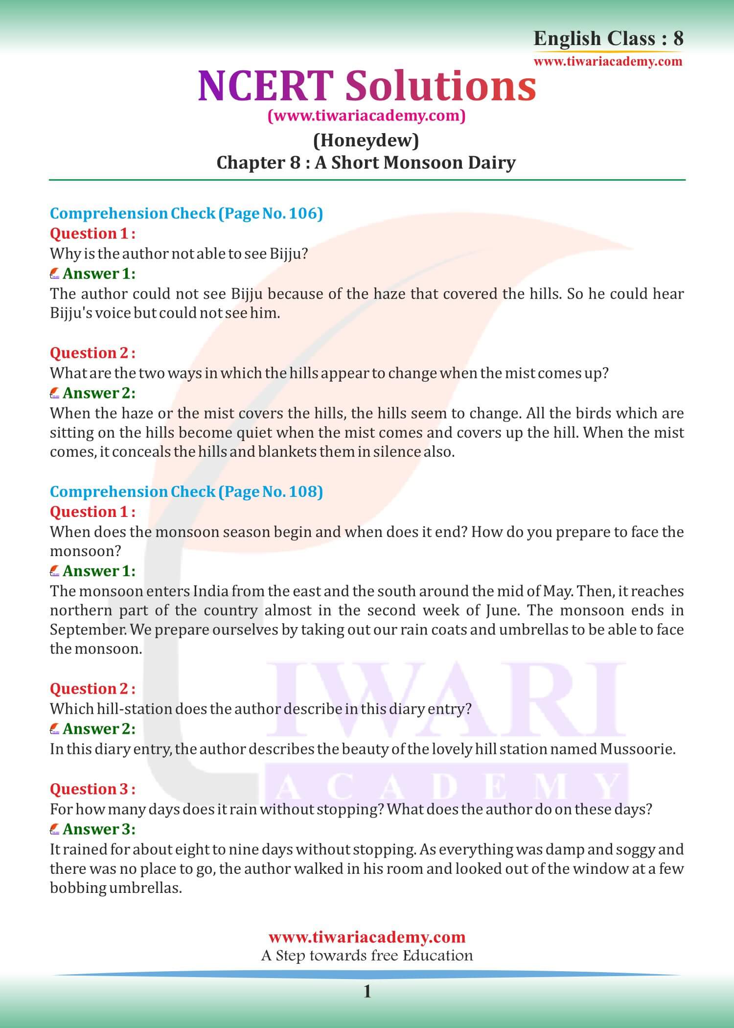 NCERT Solutions for Class 8 English Honeydew Chapter 8 A Short Monsoon Diary