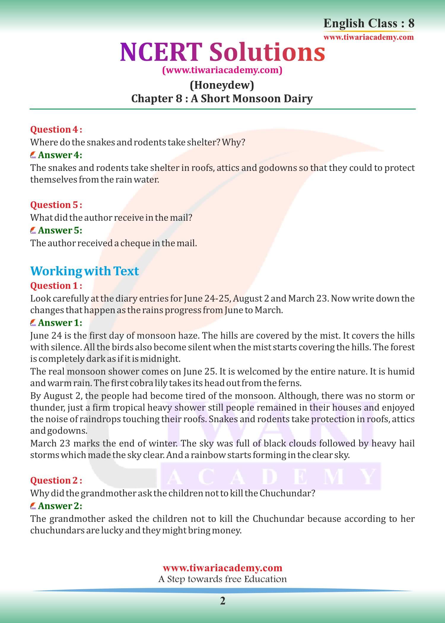 Class 8 English Honeydew Chapter 8 A Short Monsoon Diary