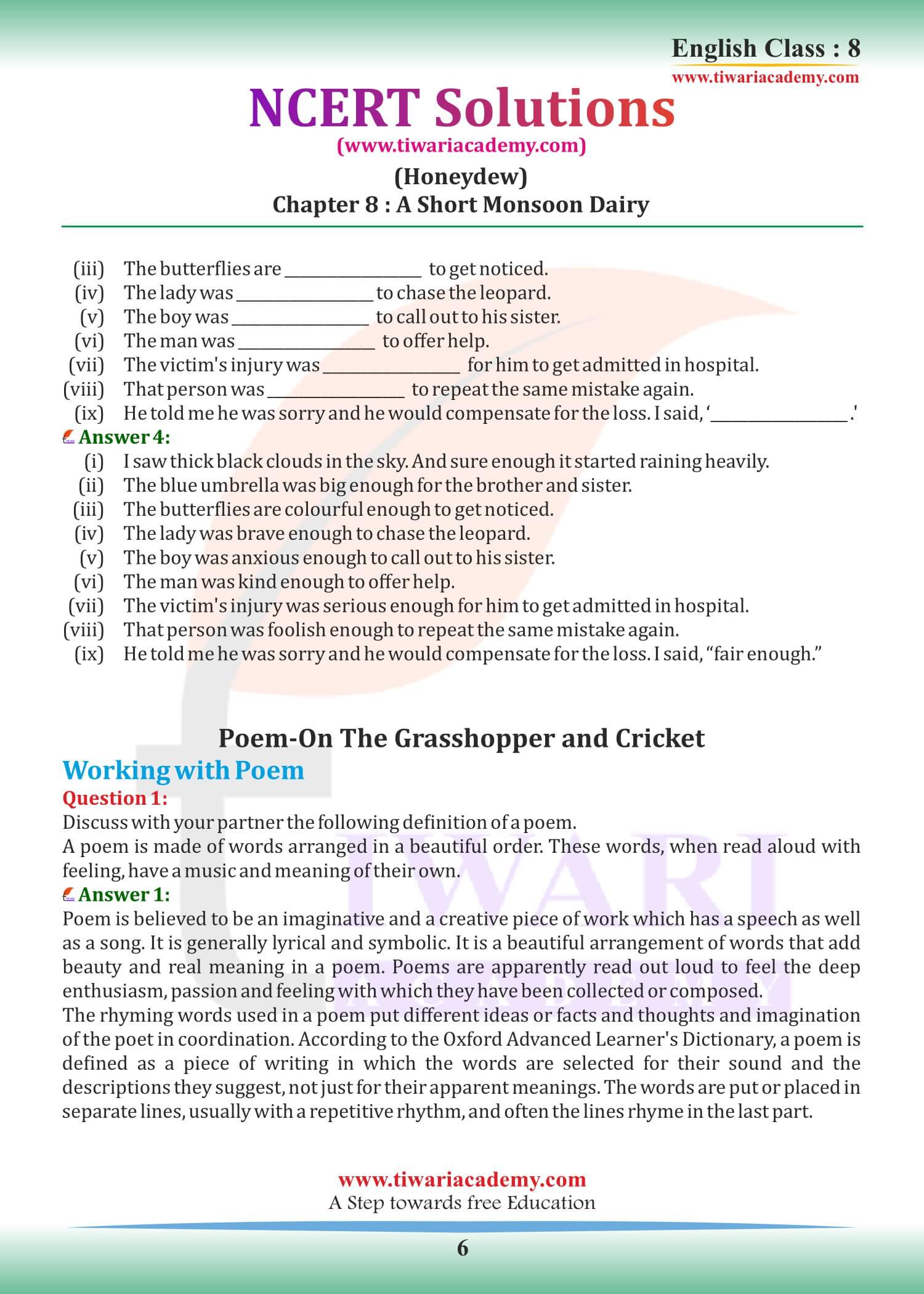 Class 8 English Honeydew Chapter 8 Answers for new session