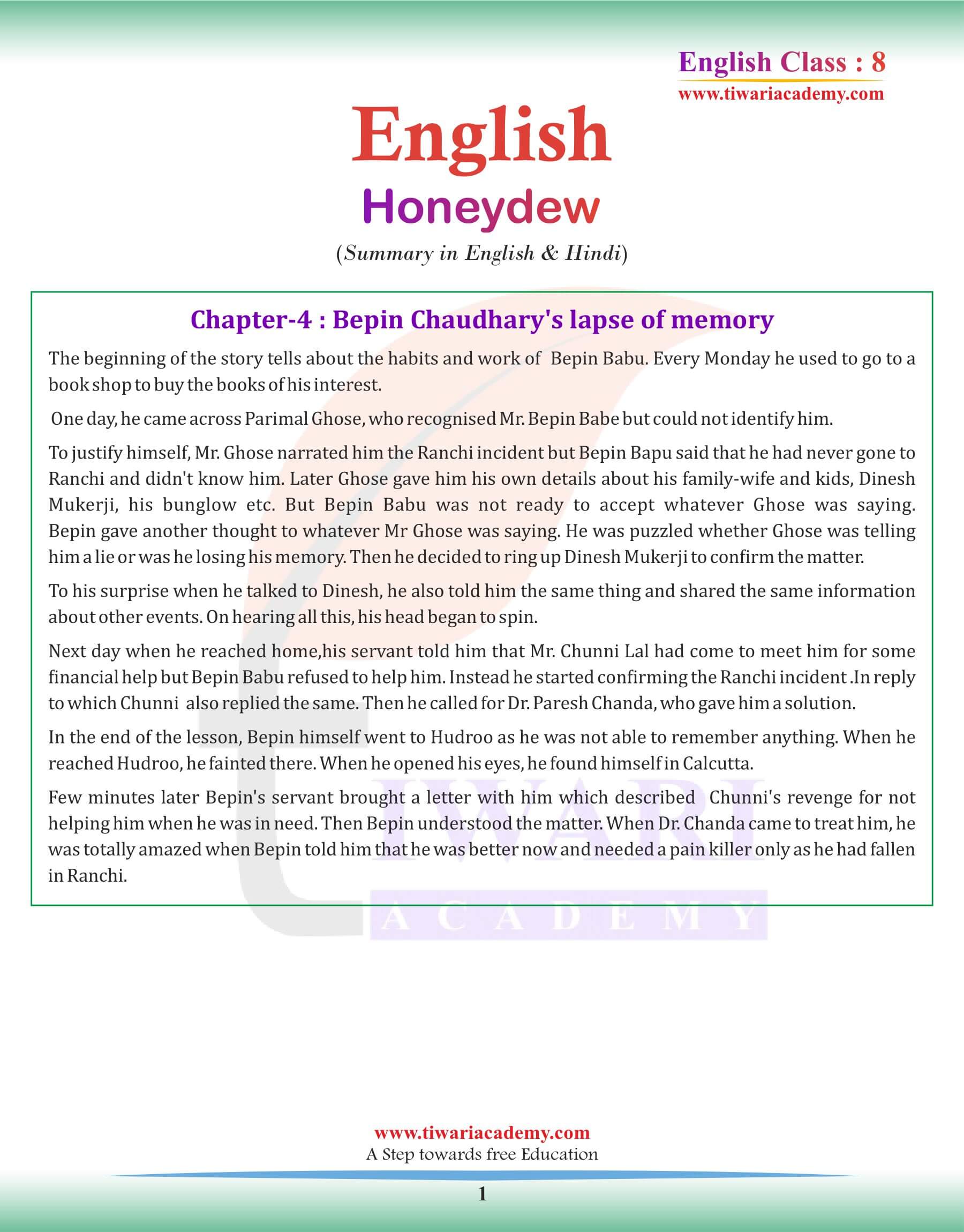 Class 8 English Chapter 4 Summary in English