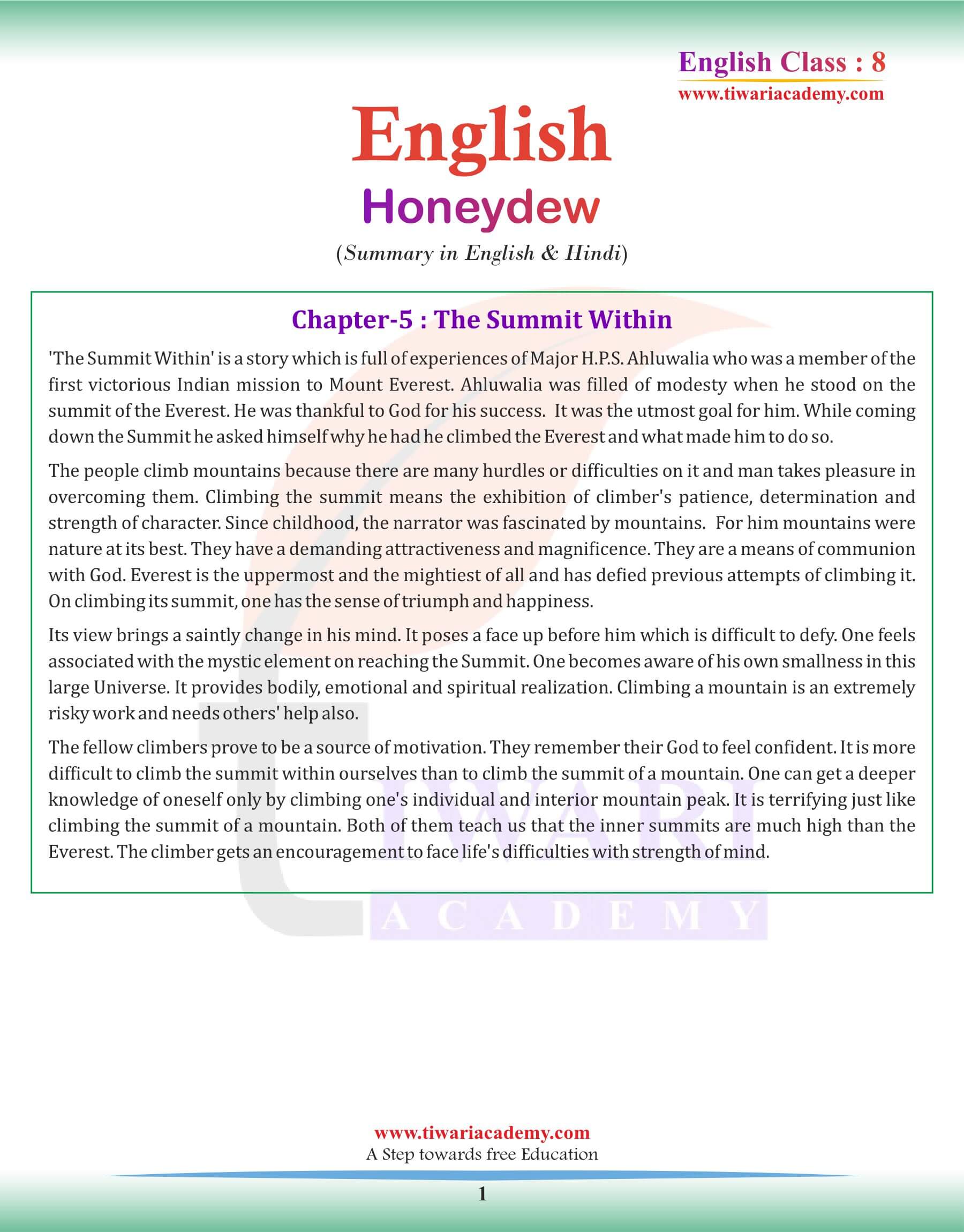 Class 8 English Chapter 5 Summary in English