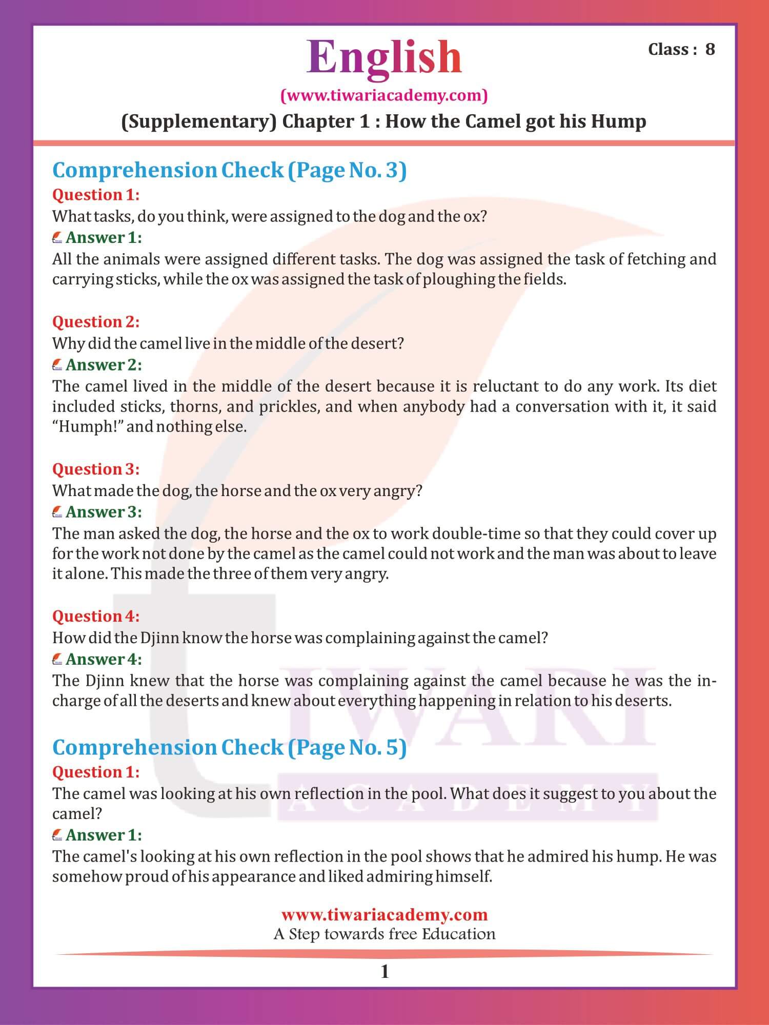 NCERT Solutions for Class 8 English Supplementary Chapter 1 How the Camel got his hump