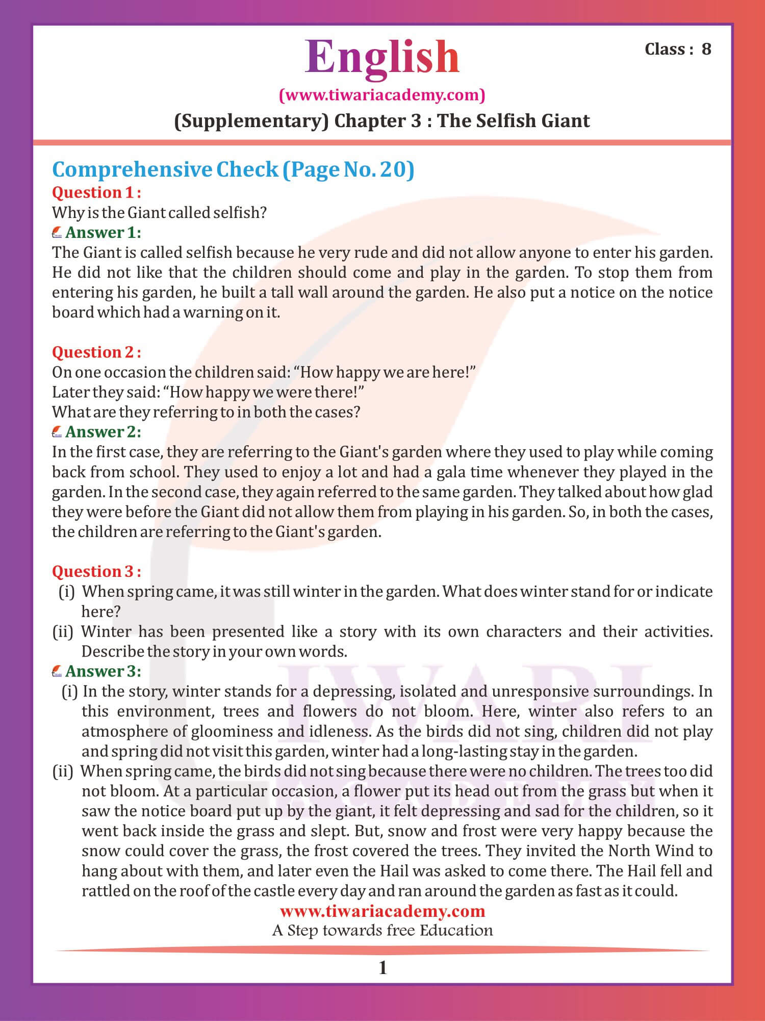 NCERT Solutions for Class 8 English Supplementary Chapter 3 The Selfish Giant