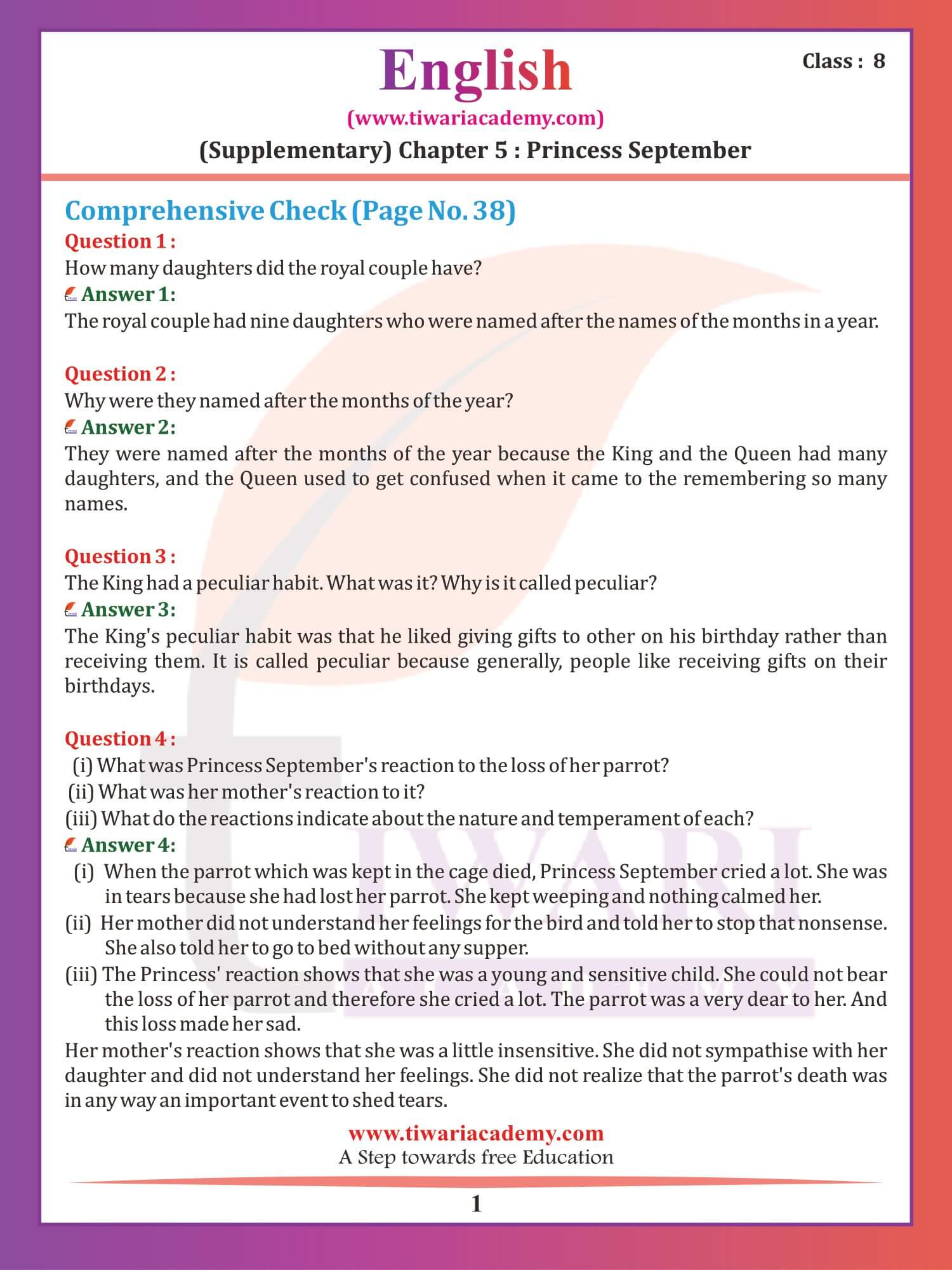 NCERT Solutions for Class 8 English Supplementary Chapter 5 Princess September