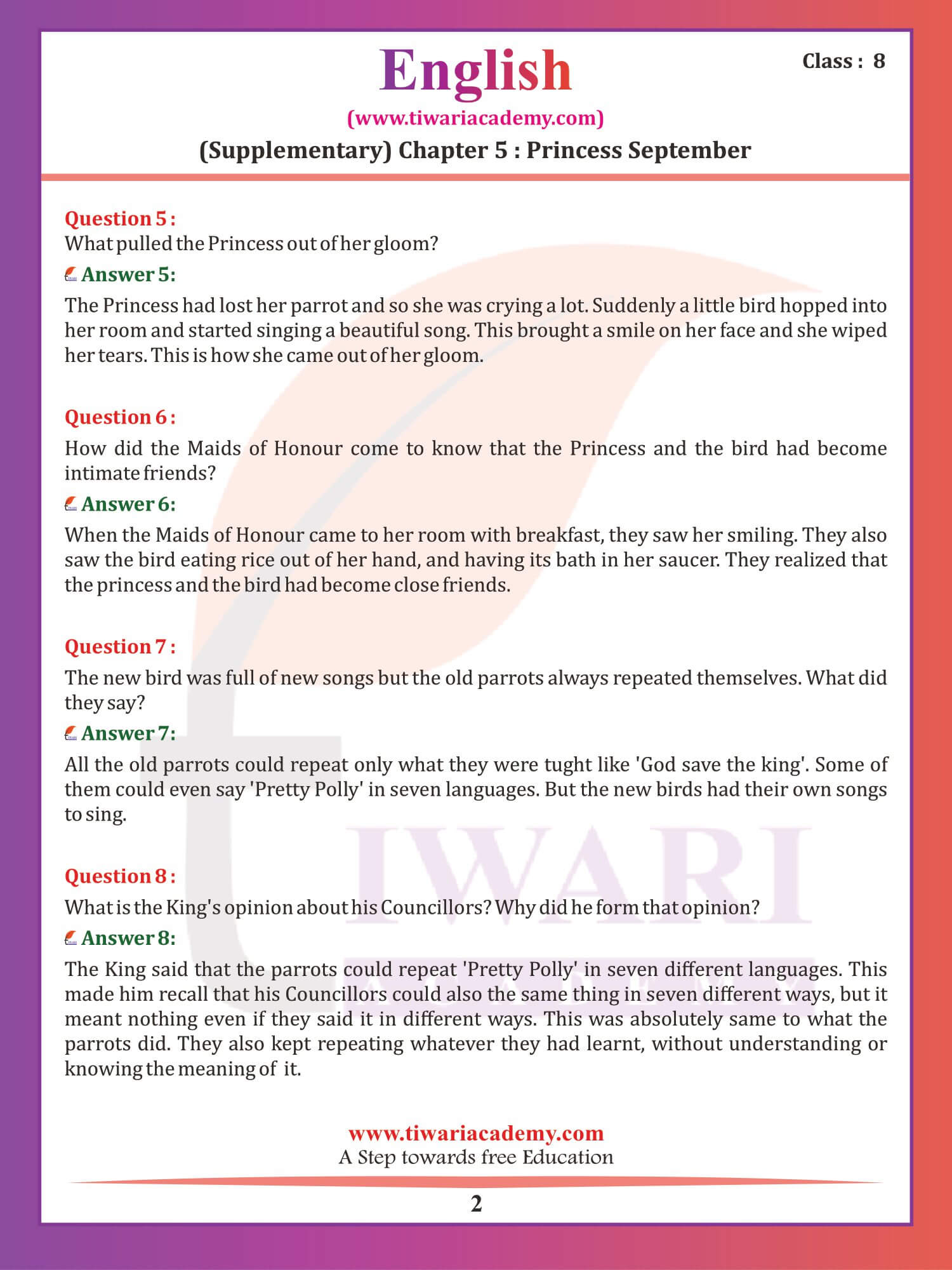 Class 8 English Supplementary Chapter 5 Princess September