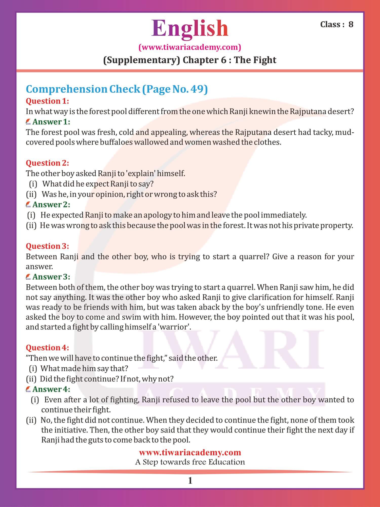 Class 8 English Supplementary Chapter 6 the Fight