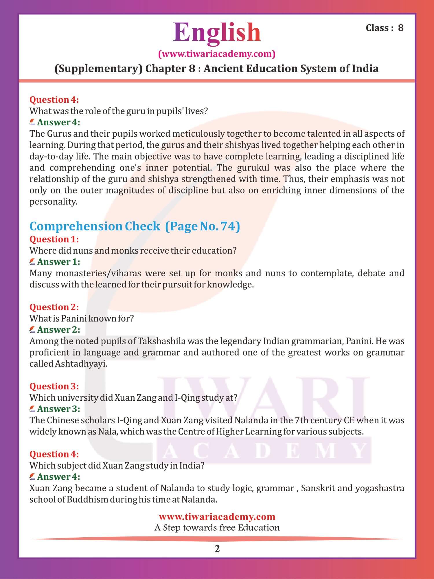 Class 8 English Supplementary Chapter 8 Ancient Education System of India